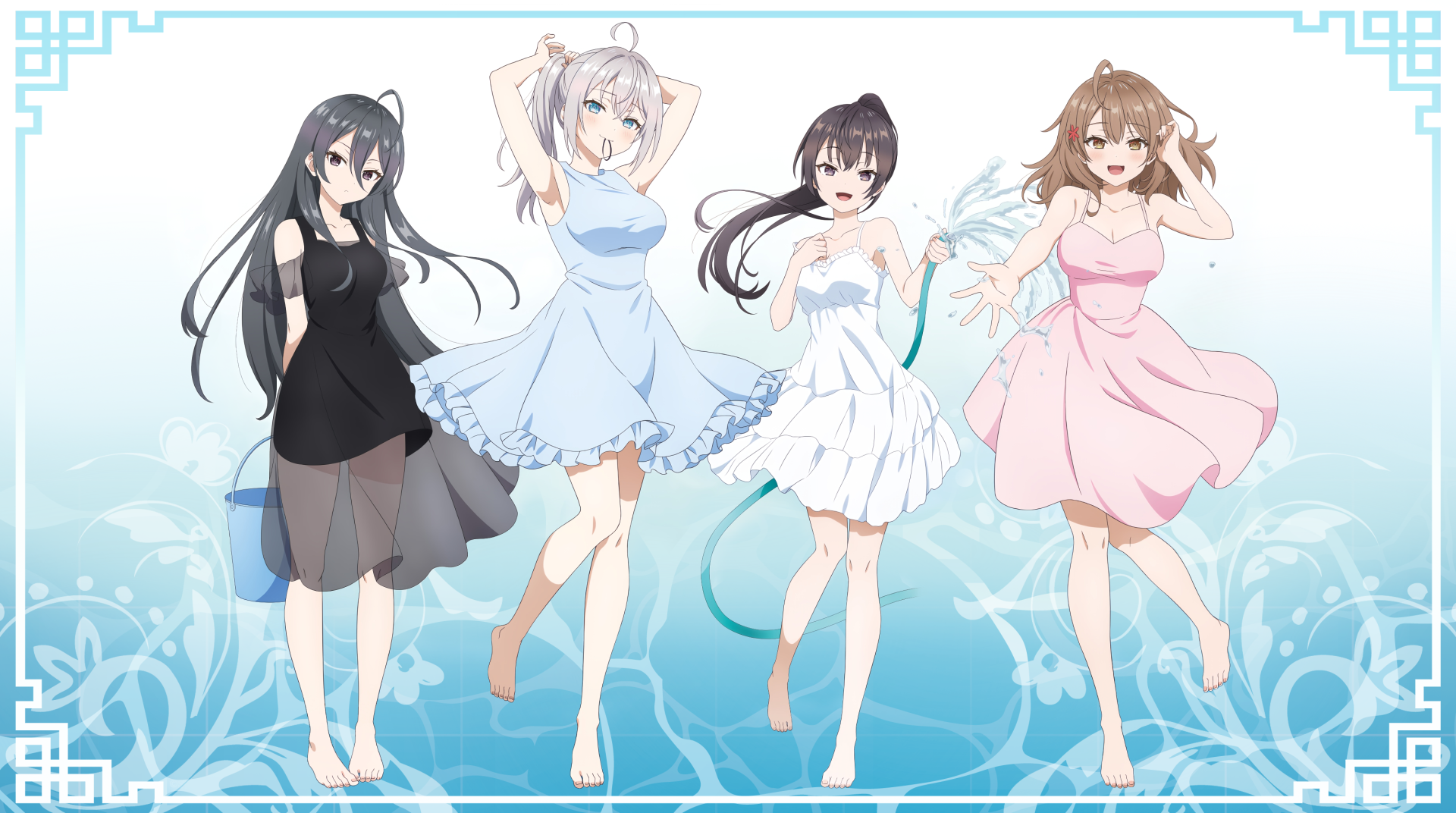 Anime HD desktop wallpaper featuring Alya Sometimes Hides Her Feelings in Russian with characters Alisa Mikhailovna Kujou and Yuki Suou in pastel-colored dresses.