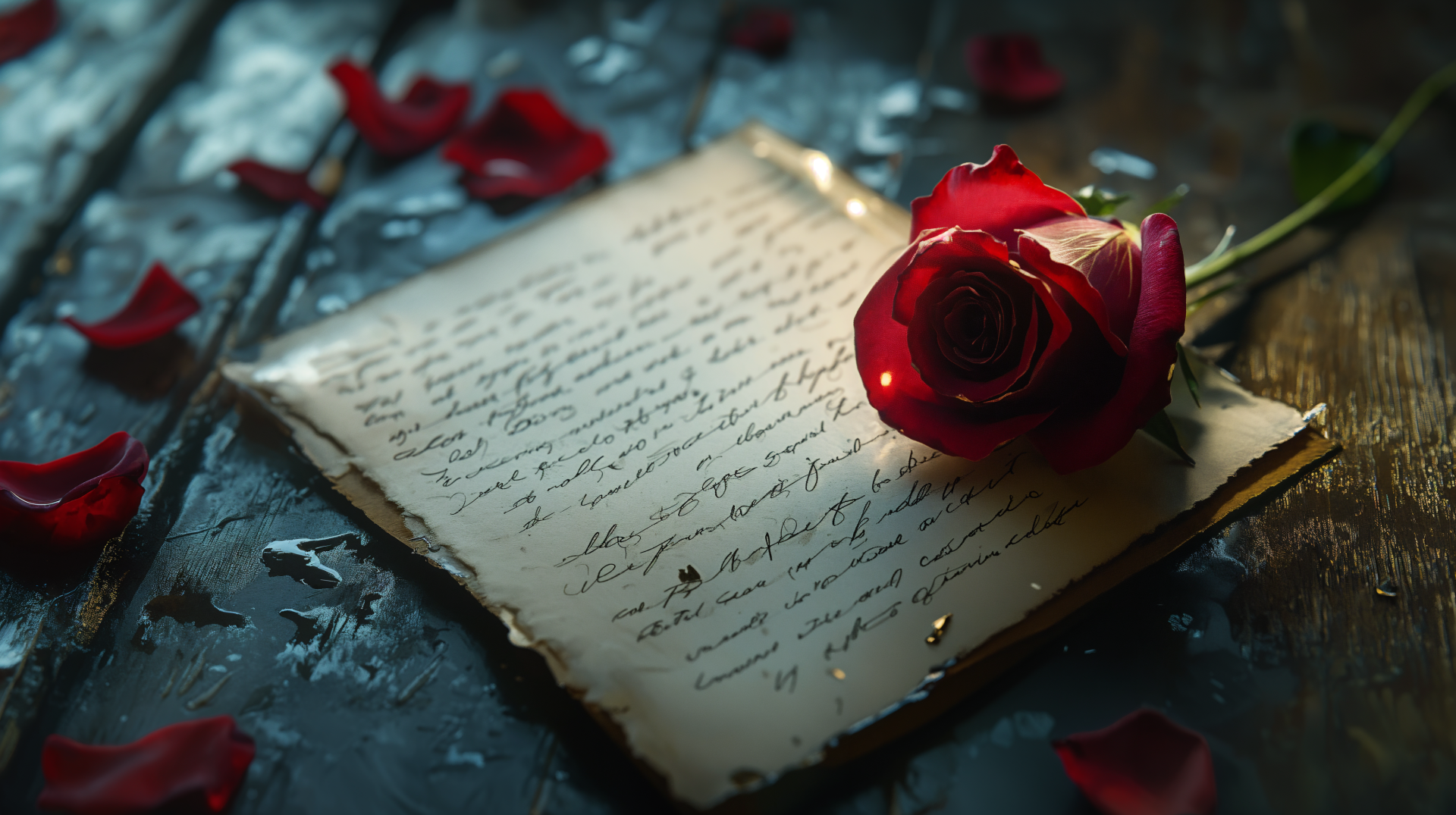 A romantic scene features a love letter on aged paper, accompanied by a vibrant red rose, set against a softly lit background, creating a warm, heartfelt atmosphere.