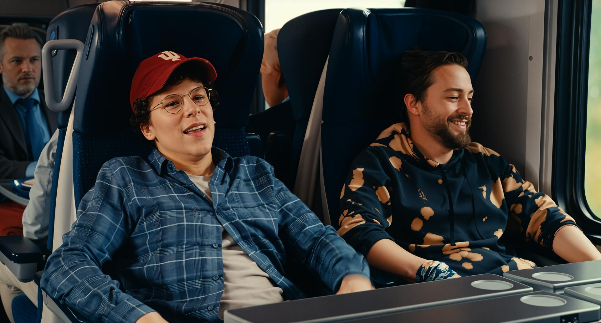 Scene from the movie A Real Pain, featuring Kieran Culkin and Jesse Eisenberg sitting relaxed on a train, highlighted in a vibrant 4K Ultra HD desktop wallpaper.