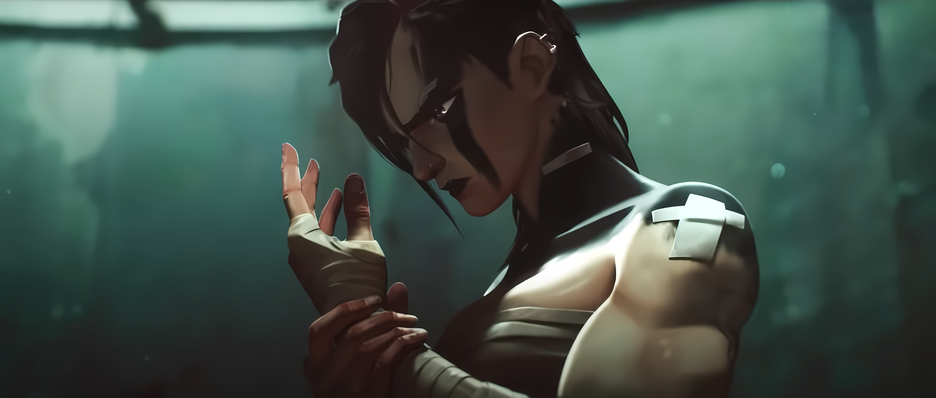 A striking 4K Ultra HD wallpaper featuring VI from the TV show Arcane, showcasing her intense expression and detailed character design in a dramatic setting.