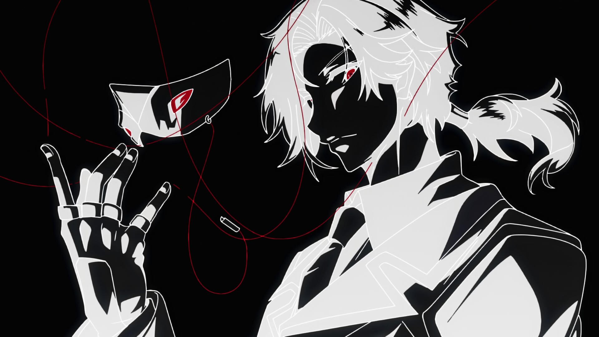 An HD wallpaper featuring Cid Kagenou from the anime The Eminence in Shadow, showcasing a striking silhouette with red accents and a mysterious mask.