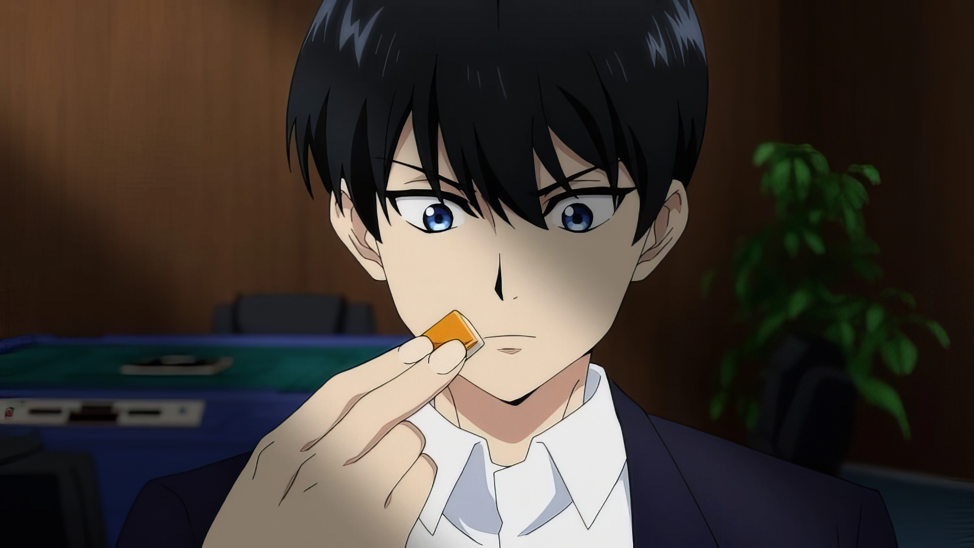 A character from the anime Touhai: Ura Rate Mahjong Touhai Roku holds a mahjong tile, showcasing a moment of concentration. This HD image serves as a desktop wallpaper.