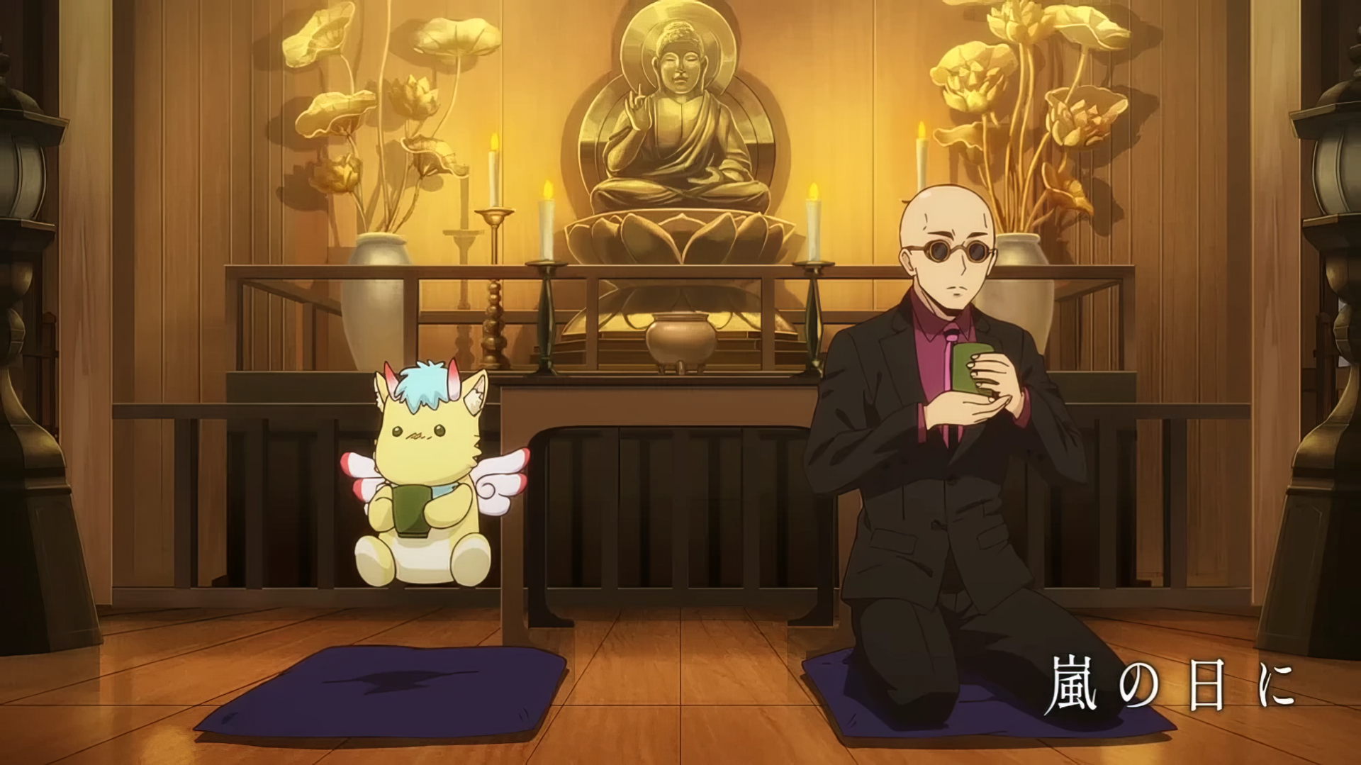 Anime-inspired HD wallpaper from Cardfight!! Vanguard Divinez, featuring a character in sunglasses and another whimsical creature seated in a serene temple setting.