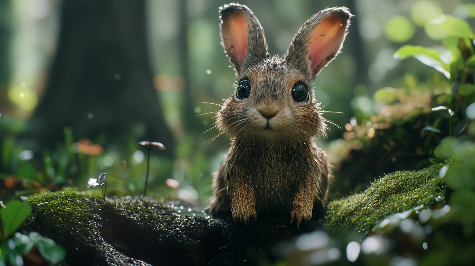 A charming woodland rabbit with large eyes sits on a mossy surface, surrounded by a lush, enchanting forest backdrop. This 4K Ultra HD image captures a magical fantasy scene.