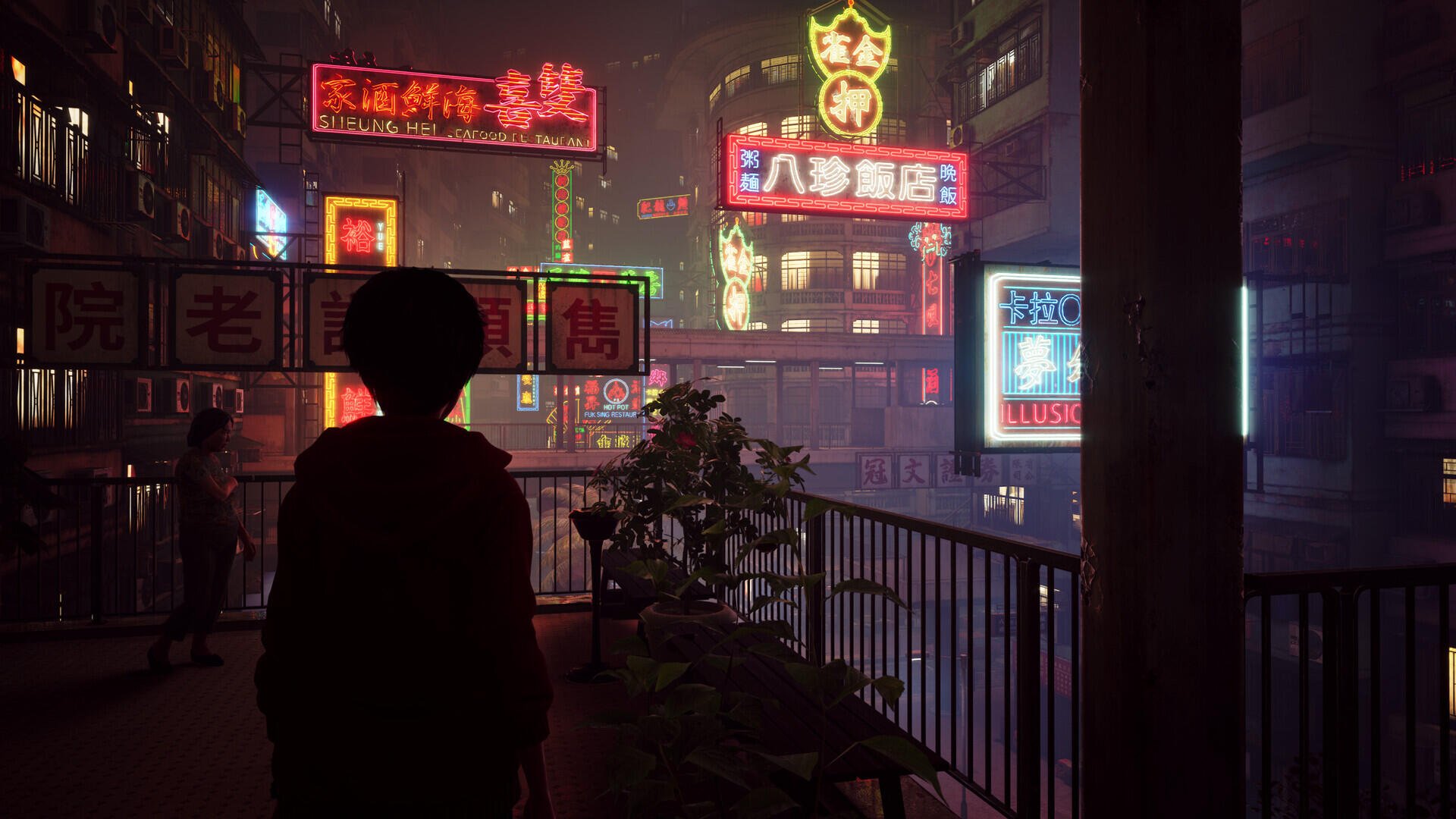A captivating HD wallpaper from the video game Slitterhead, featuring a silhouetted figure gazing over a neon-lit urban landscape filled with vibrant signs and a mysterious atmosphere.