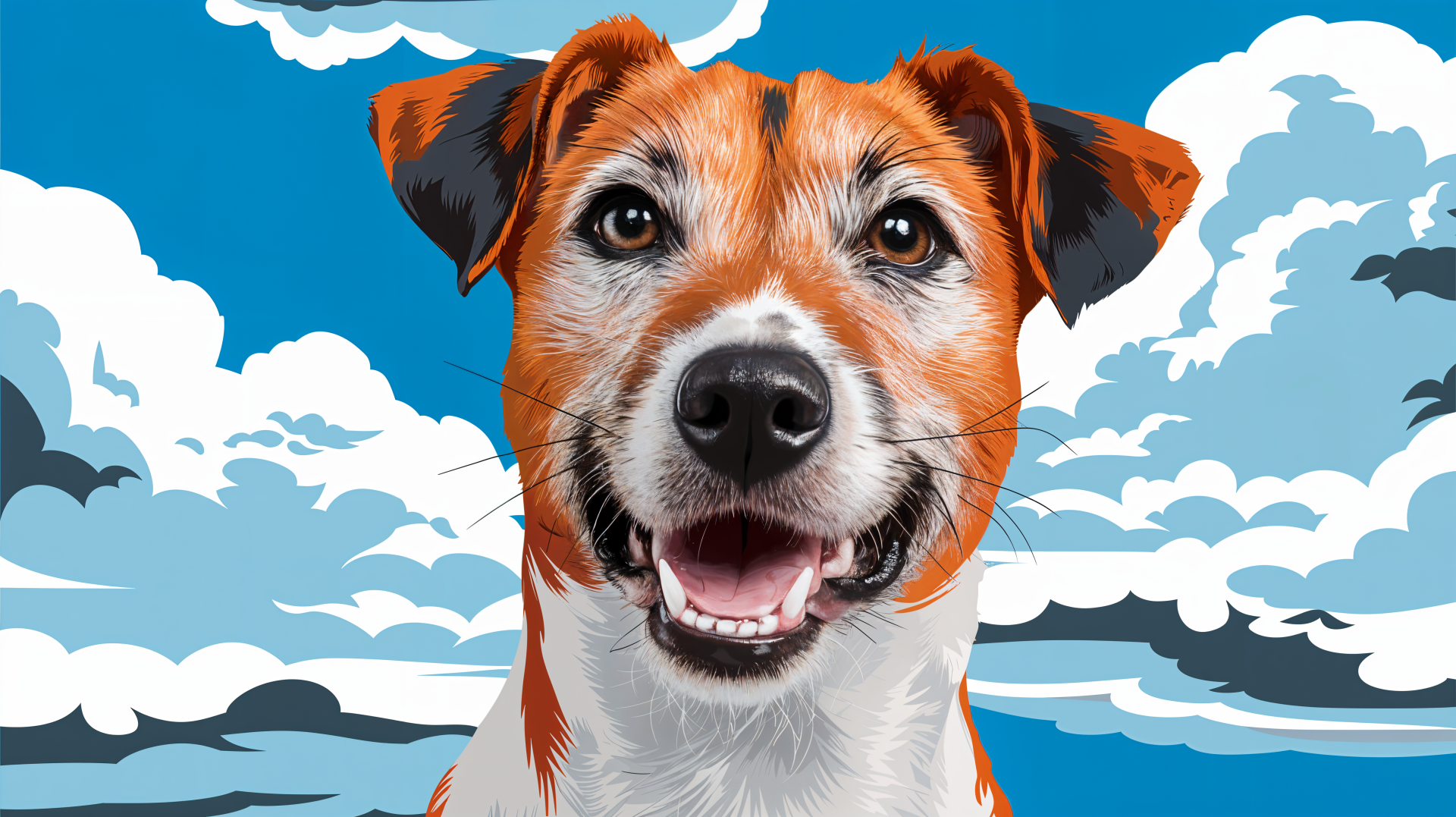 A vibrant 4K Ultra HD wallpaper featuring a cheerful Jack Russell Terrier against a backdrop of blue skies and fluffy clouds, showcasing its playful spirit and charm.
