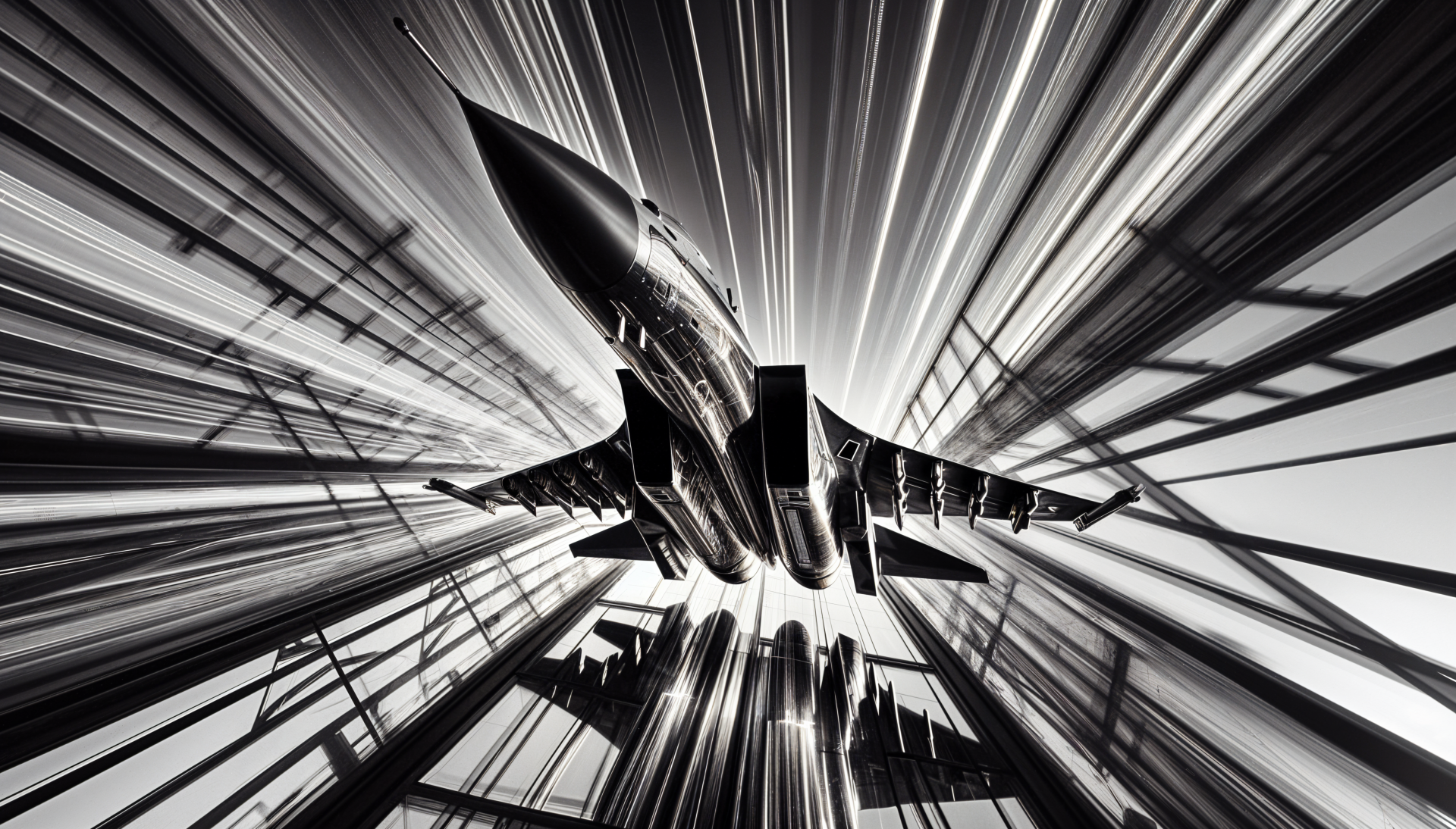 Black and white 4K Ultra HD wallpaper showcasing a jet fighter in motion, captured from below with dynamic light streaks emphasizing speed and power.