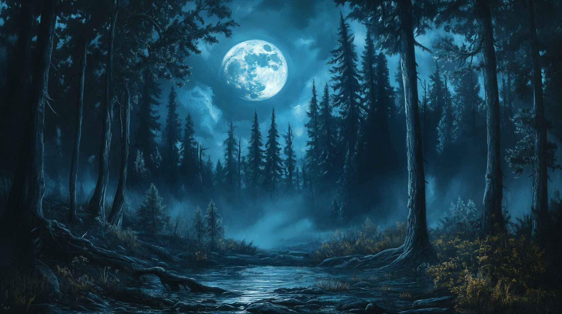 A moonlit forest under a full moon glows in the night, with tall trees rising around a serene waterway, creating a tranquil and atmospheric scene. 4K Ultra HD wallpaper.