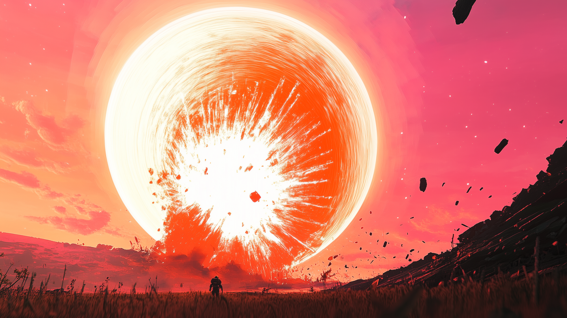 A dramatic explosion threatens a planet, set against a vivid pink sky. This captivating HD wallpaper captures the essence of planetary destruction in stunning detail.