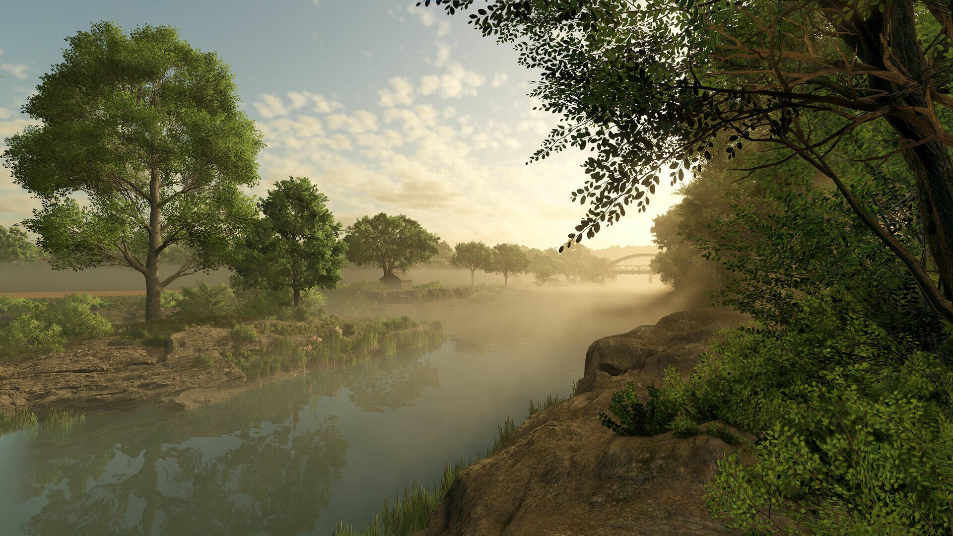 A serene landscape featuring a misty river surrounded by lush trees, designed as a high-definition wallpaper for Farming Simulator 25, showcasing the beauty of nature in gaming.