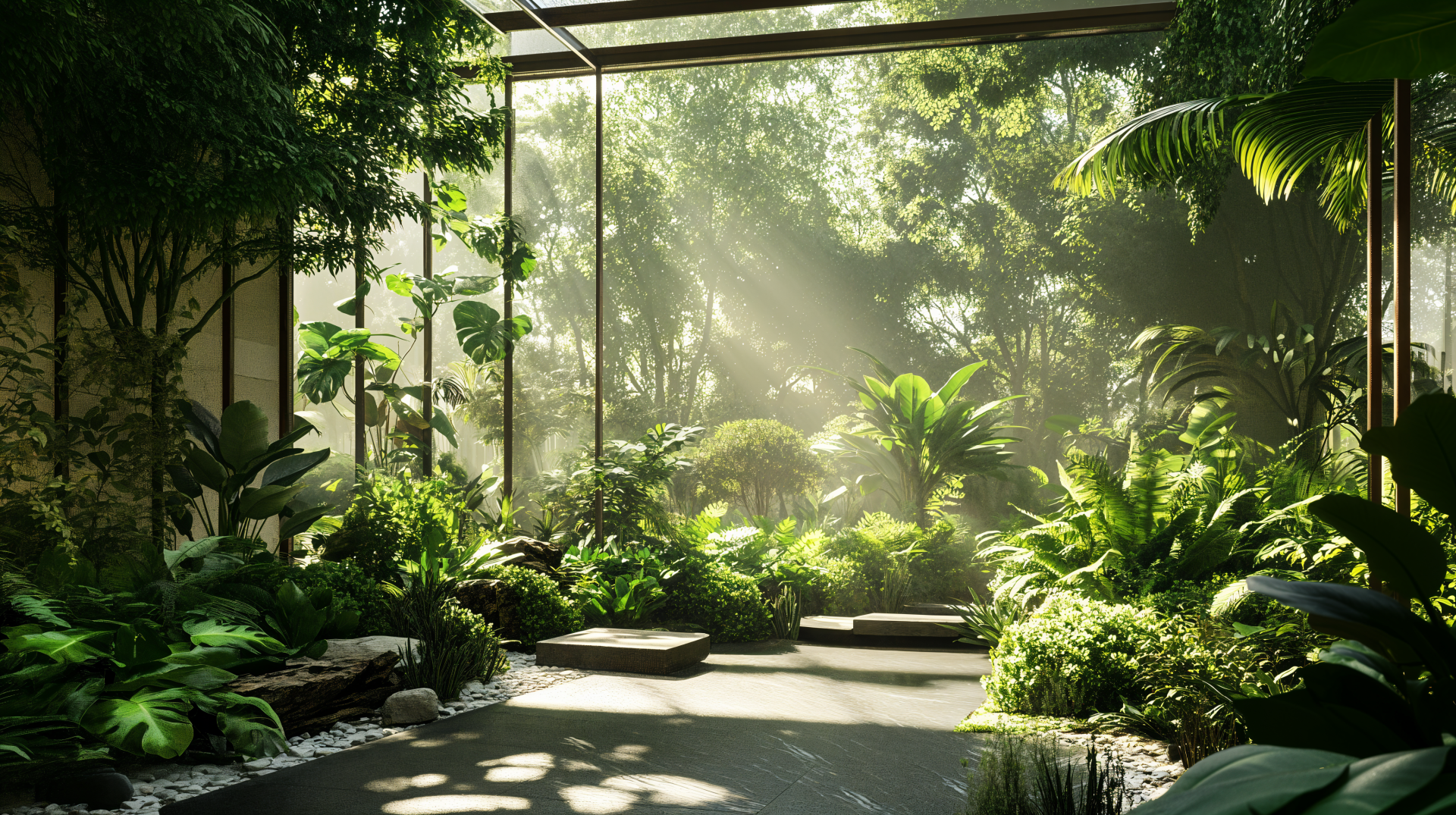 A serene room filled with lush greenery, illuminated by soft sunlight filtering through glass walls, creating a tranquil atmosphere in this 4K Ultra HD desktop wallpaper.