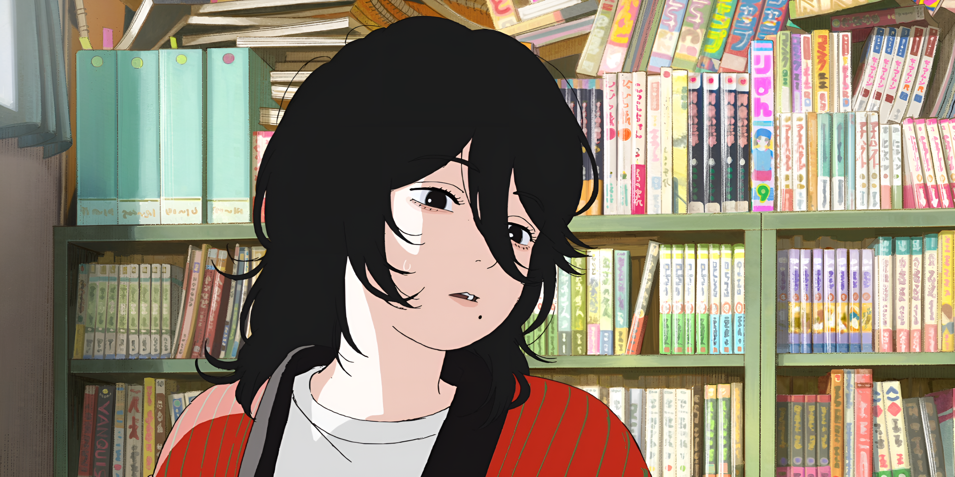 HD anime desktop wallpaper: close-up of Kyomoto from the movie Look Back — dark-haired girl in a red cardigan with a pensive expression against shelves of manga in a library.