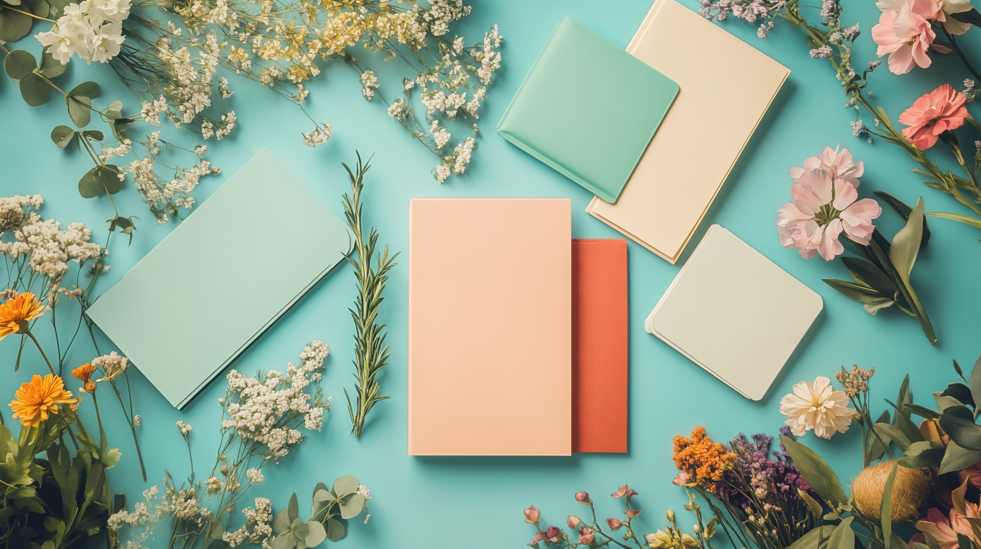 Flat lay of cute stationary featuring notebooks and flowers arranged on a pastel blue background, captured in 4K Ultra HD as a PC desktop wallpaper and background.