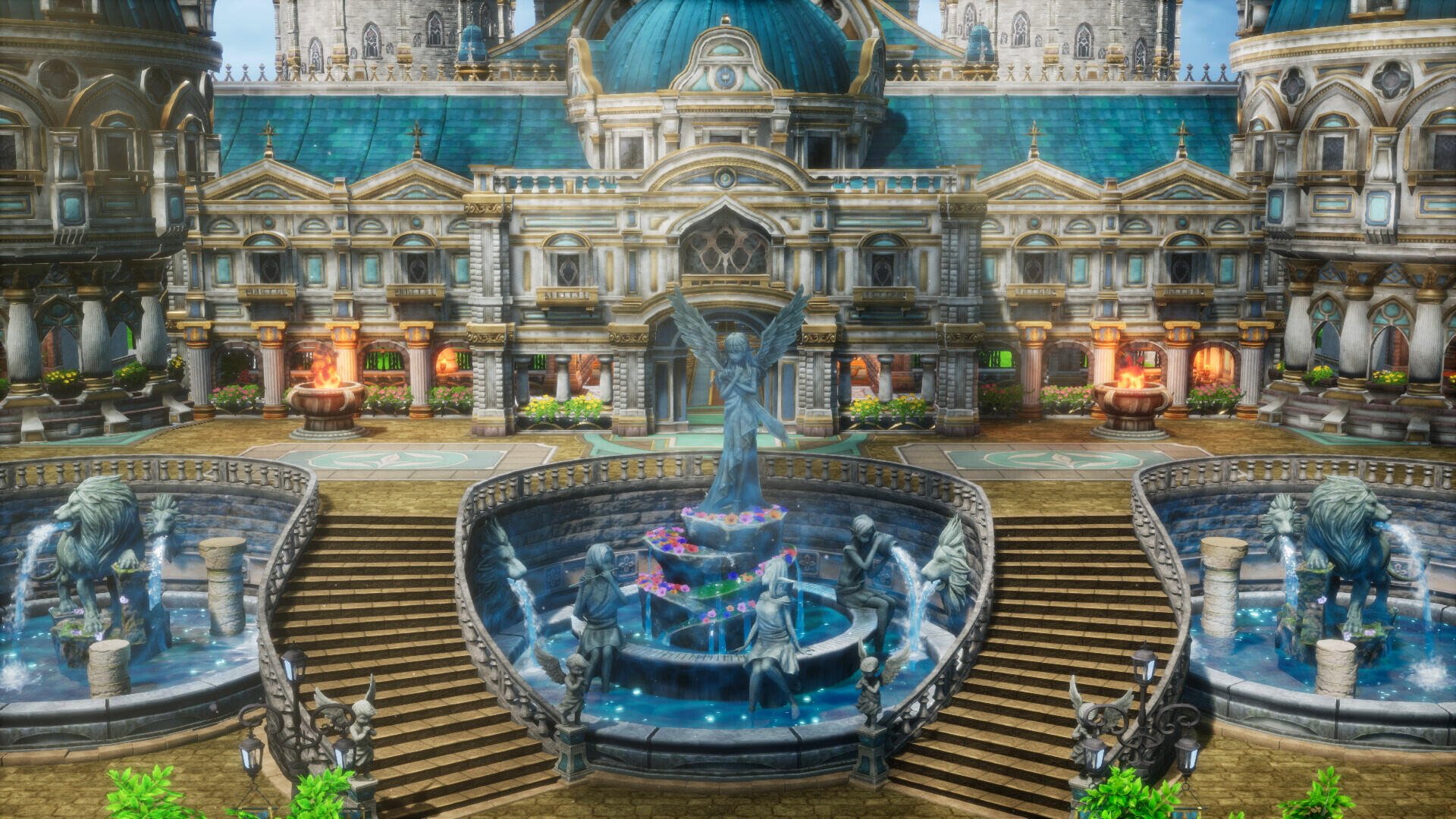 A stunning HD wallpaper featuring a majestic fountain and grand architecture from the DRAGON QUEST III HD-2D Remake, showcasing vibrant details and enchanting scenery.