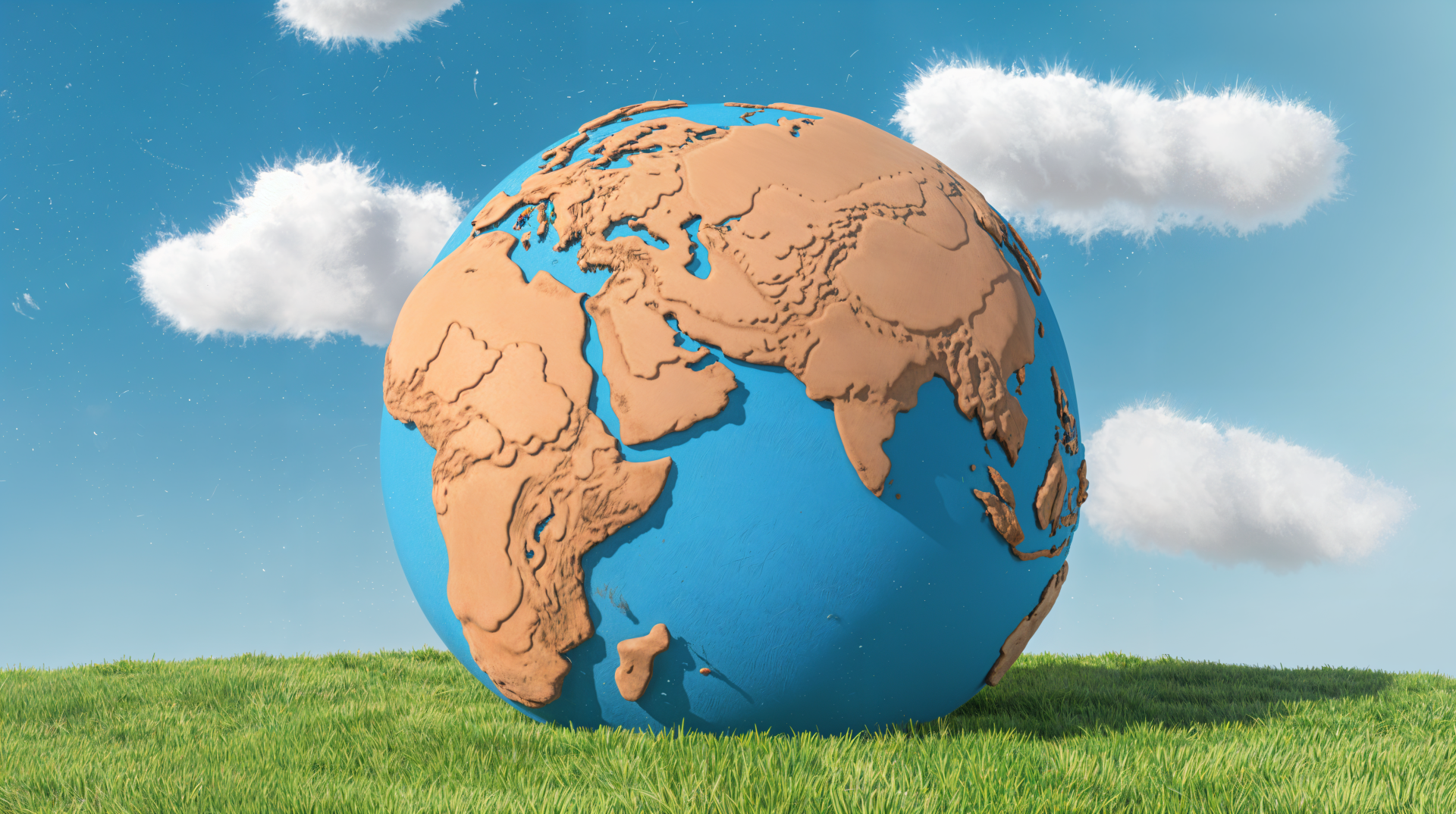 A vibrant 4K Ultra HD desktop wallpaper featuring a globe, showcasing continents in earthy tones against a bright blue sky with fluffy clouds and green grass below.