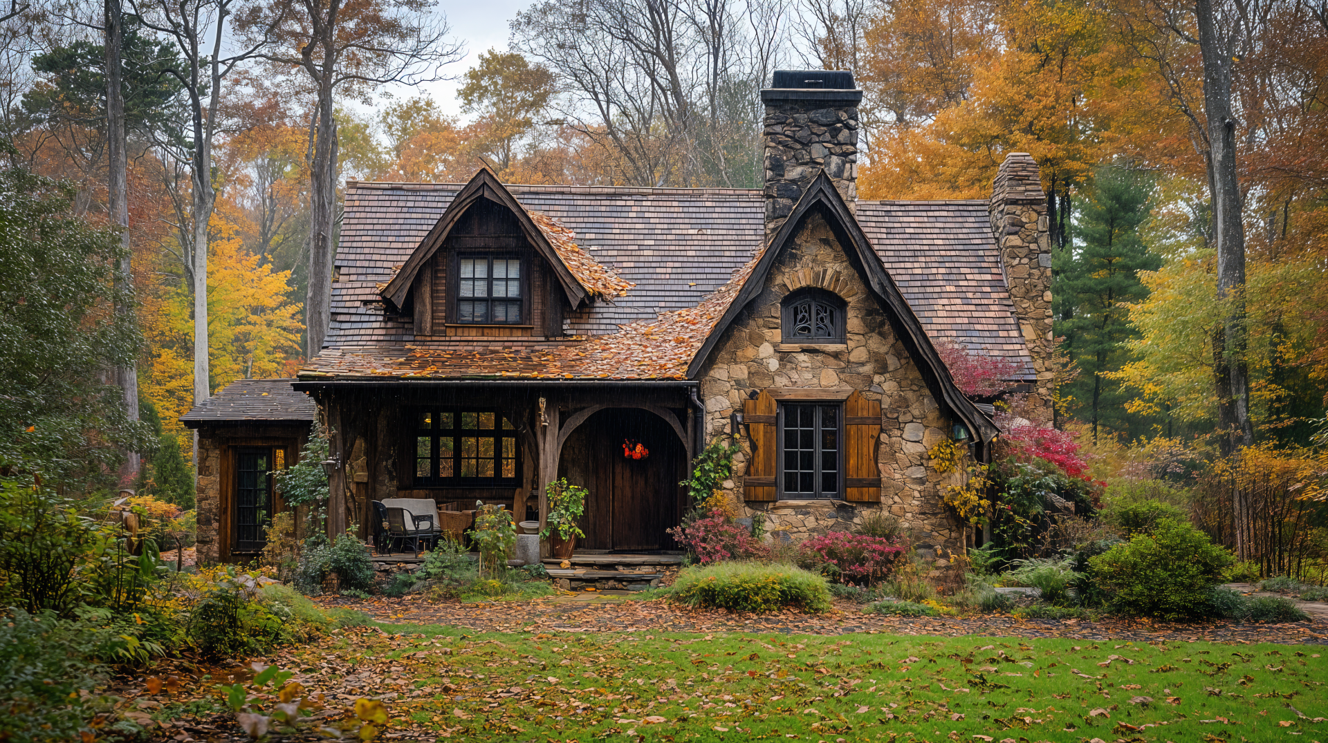 A cozy cottage nestled among vibrant autumn foliage, showcasing rustic stonework and a welcoming porch, depicted in stunning 4K Ultra HD for a beautiful desktop wallpaper.