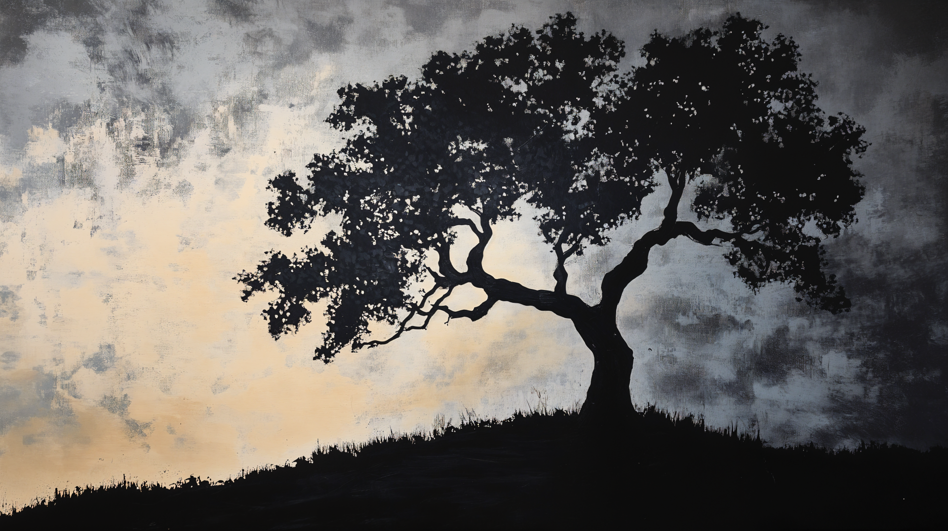 Silhouette of a lone tree on a grassy hill against a moody sky, creating a striking contrast. A stunning 4K Ultra HD wallpaper for your PC desktop background.