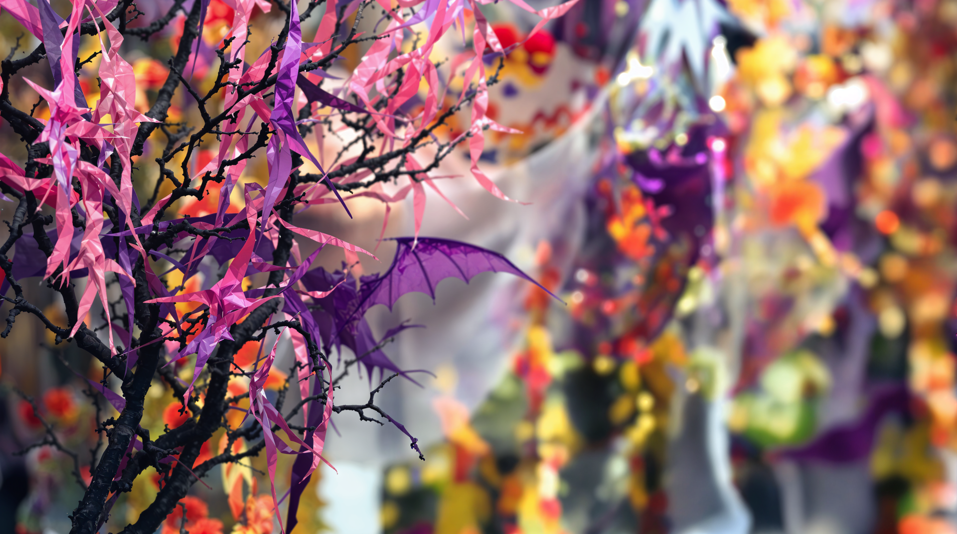 A vibrant Halloween decoration scene featuring purple bat wings and colorful foliage, creating an enchanting atmosphere. This 4K Ultra HD wallpaper enhances your desktop background.