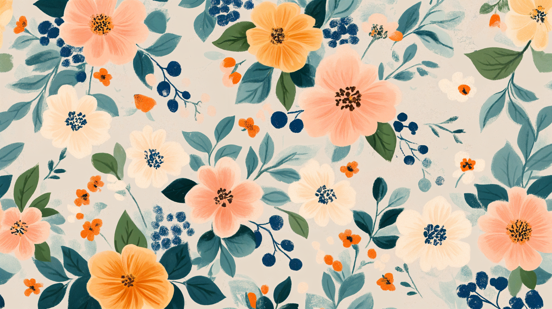 A vibrant floral pattern featuring large blossoms in peach and yellow, surrounded by green leaves and small blue accents, showcased as a 4K Ultra HD PC desktop wallpaper.