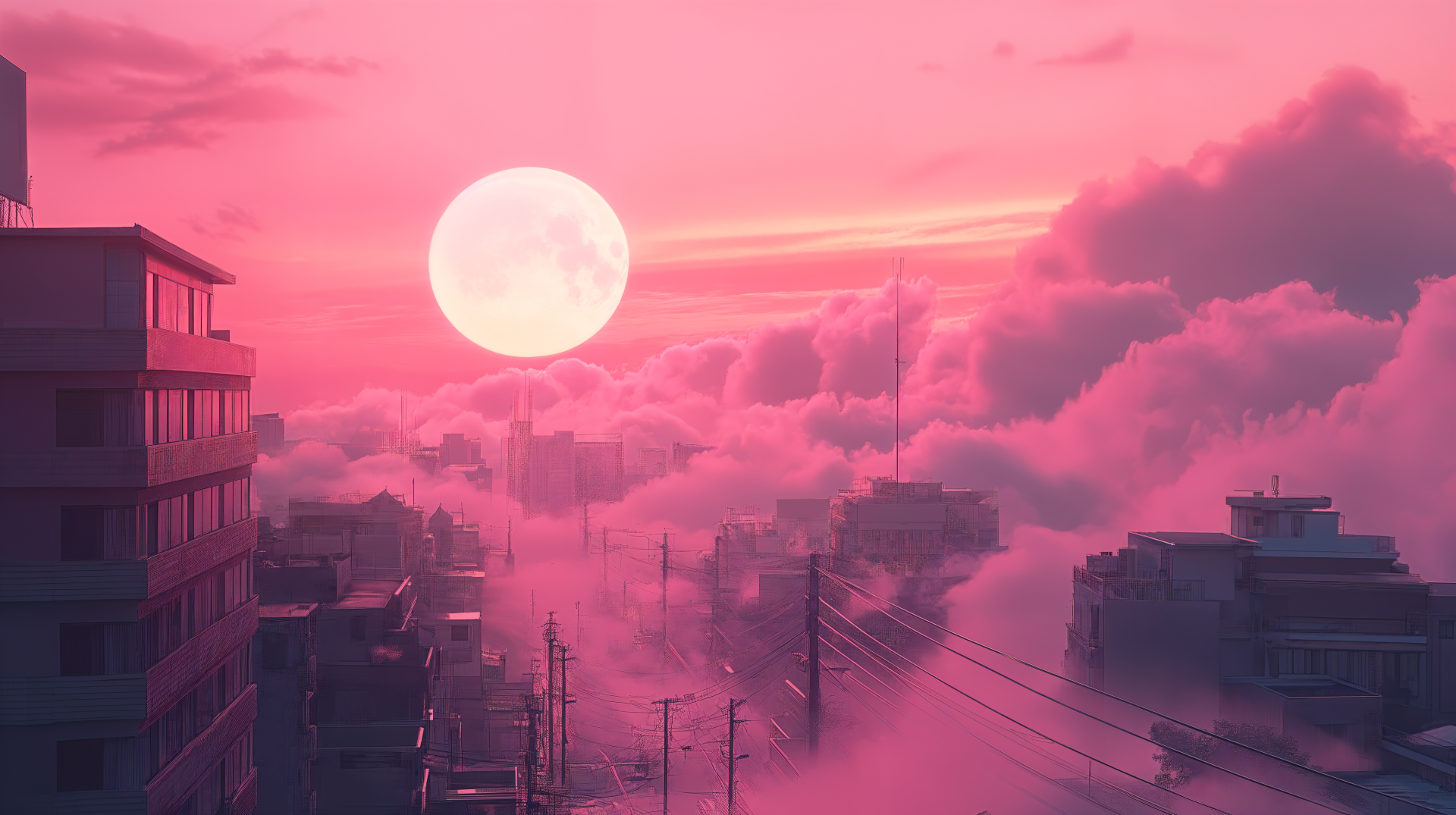A serene pink sky envelops a cityscape, featuring soft clouds and a prominent sun. This 4K Ultra HD wallpaper captures a dreamy pink aesthetic perfectly.