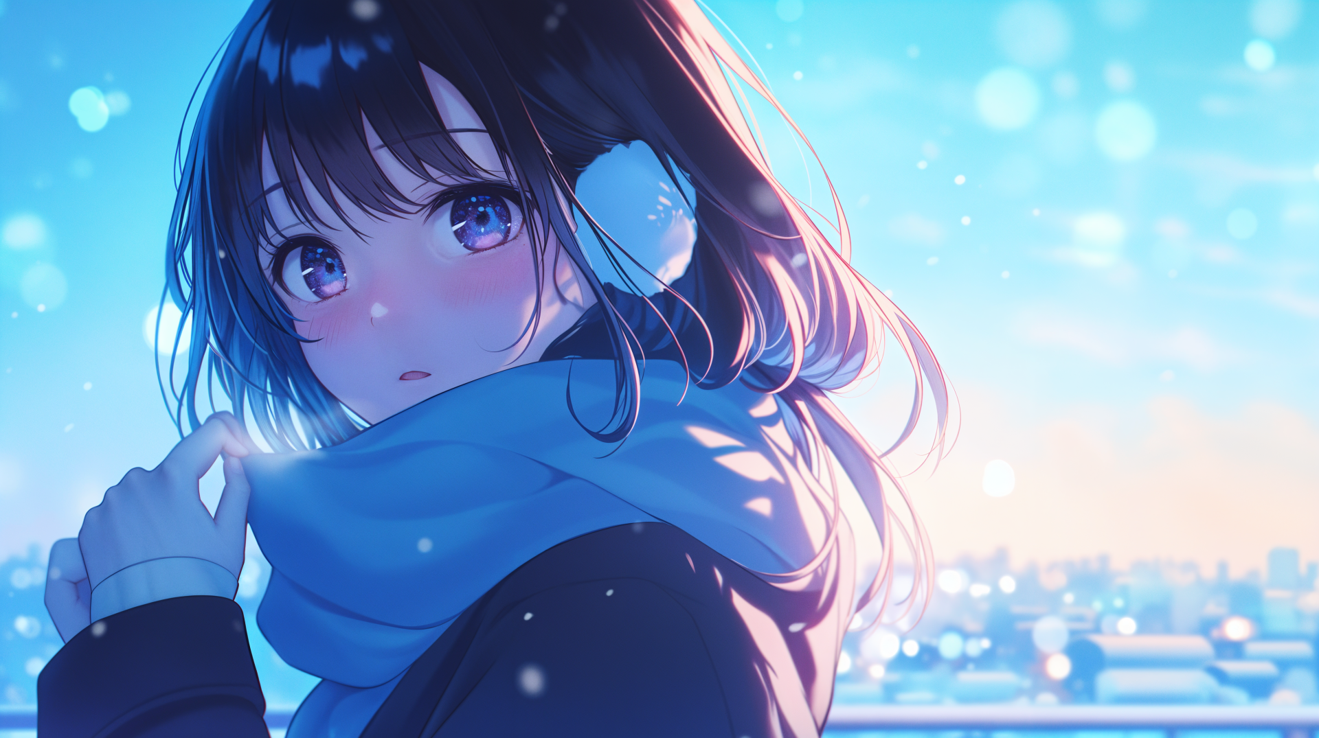 A winter-themed anime character gazes thoughtfully over a snowy landscape, adorned with a scarf and earmuffs, captured in stunning 4K Ultra HD detail for a desktop wallpaper.