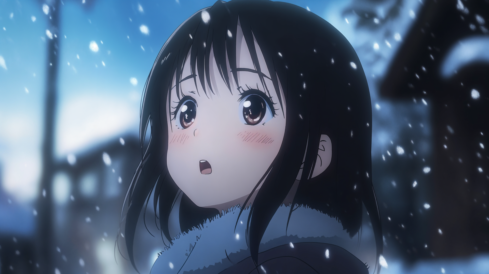 4K Ultra HD anime wallpaper featuring a winter scene with a girl in snow, capturing delicate snowfall and soft nighttime lighting in a serene anime style.