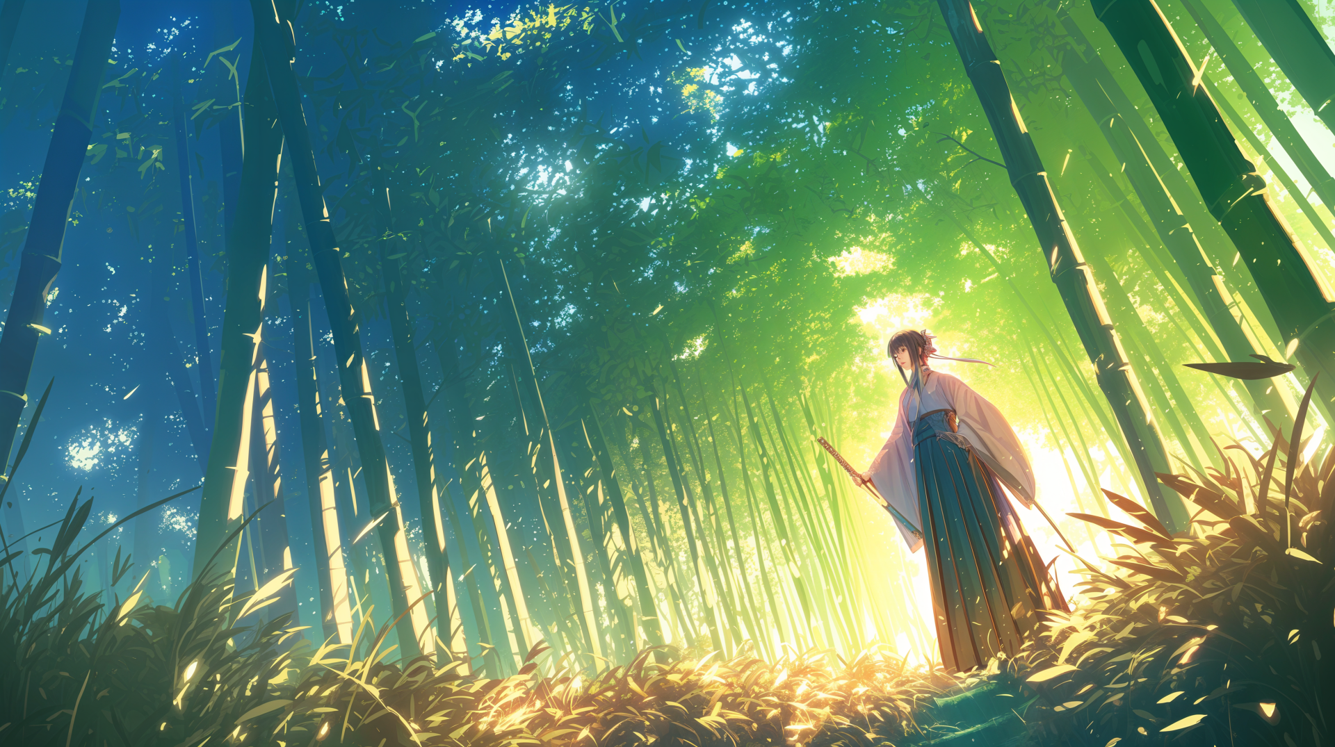 A serene anime forest scene in vibrant colors, featuring a figure standing among tall bamboo. This 4K Ultra HD wallpaper brings a tranquil atmosphere to your desktop.