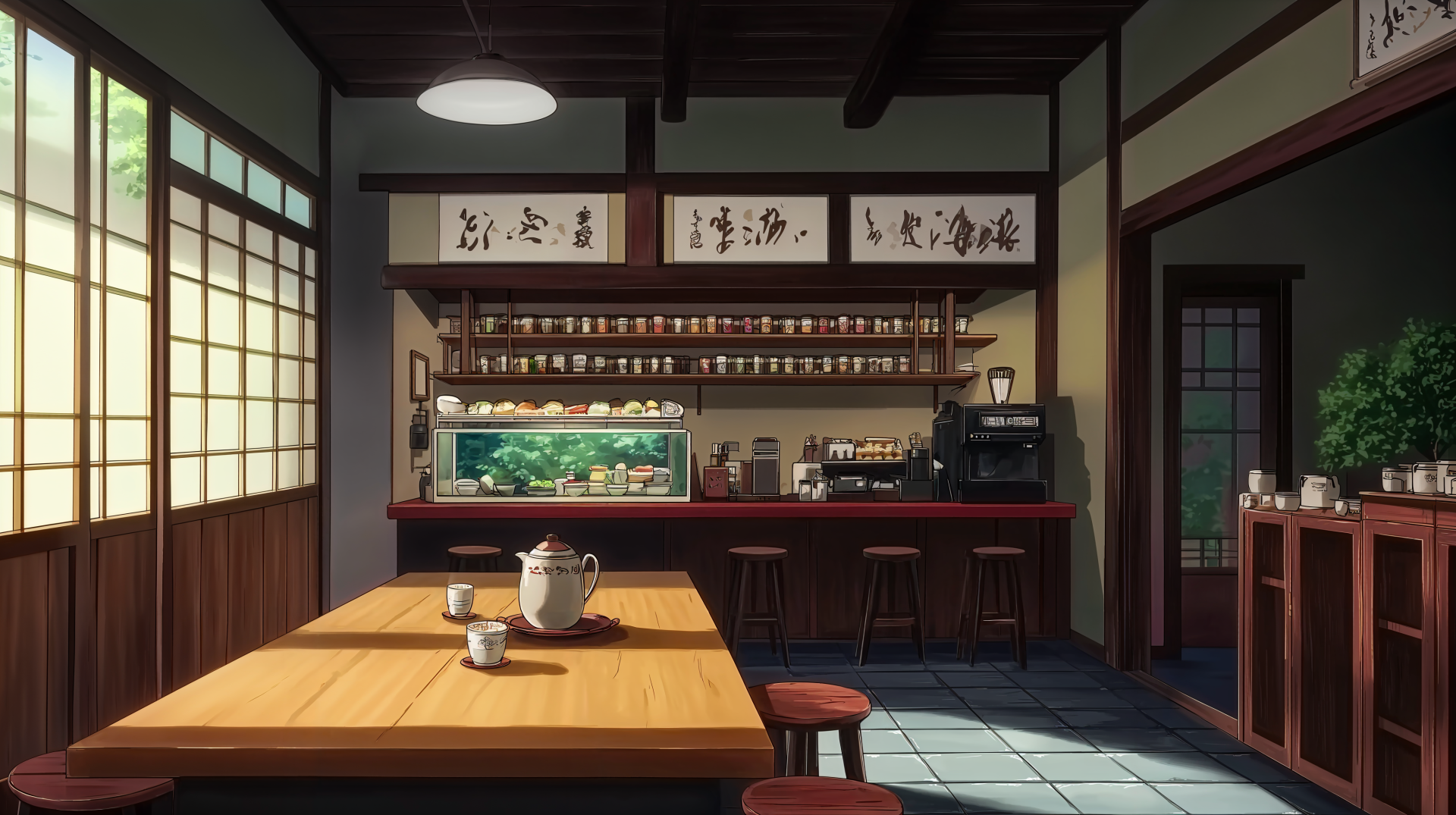 A serene anime tea house interior features a wooden table, tea set, and shelves filled with jars. The warm atmosphere is enhanced by natural light streaming through the windows.