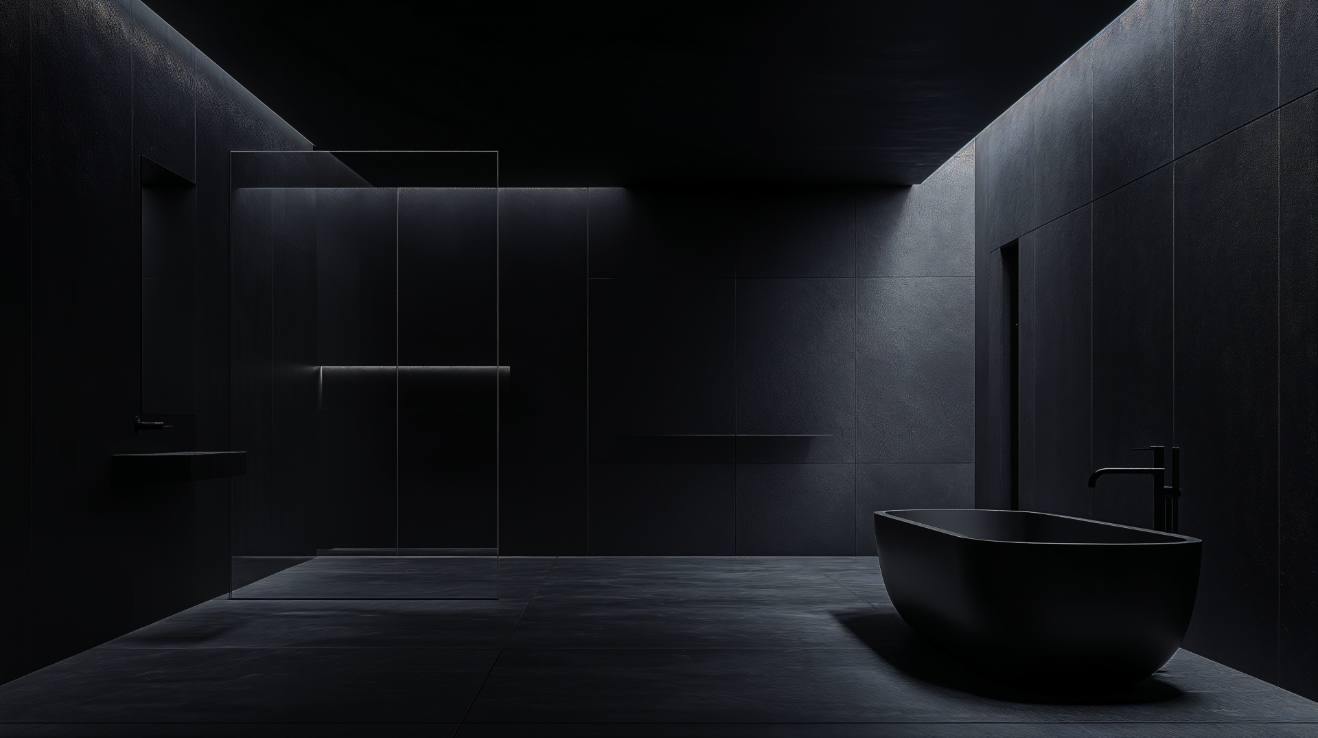 Dark minimalist bathroom with modern design features, showcasing sleek lines, a freestanding tub, and subtle lighting in a 4K Ultra HD desktop wallpaper.