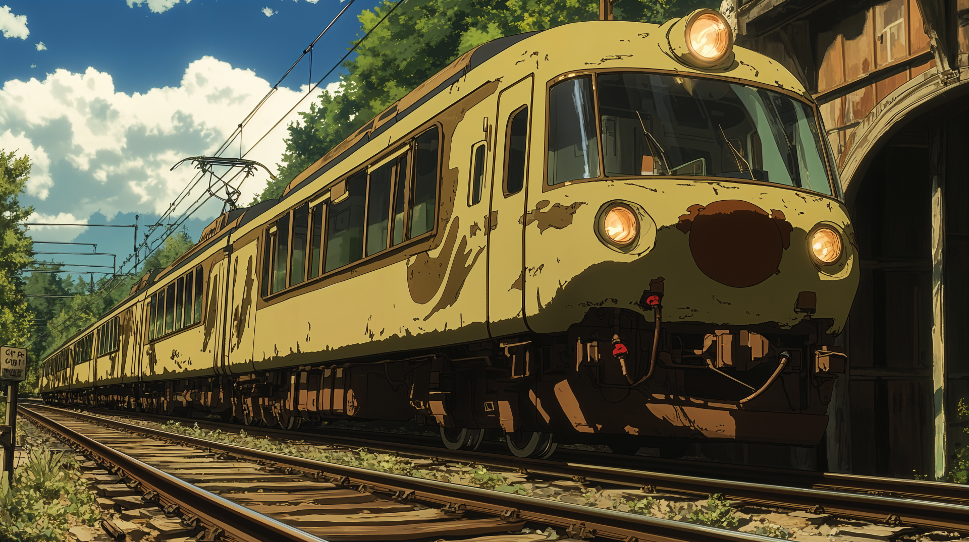Anime-style train traveling along railroad tracks through a scenic landscape, rendered in 4K Ultra HD for a vibrant PC desktop wallpaper.