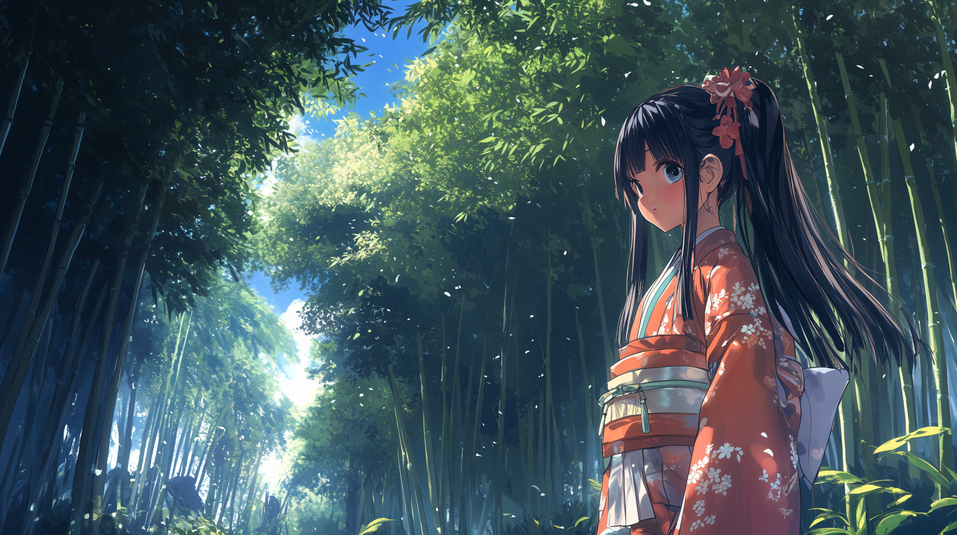 An anime girl in a vibrant kimono stands in a lush bamboo forest, surrounded by beams of sunlight, creating a serene and enchanting atmosphere. 4K Ultra HD PC desktop wallpaper.