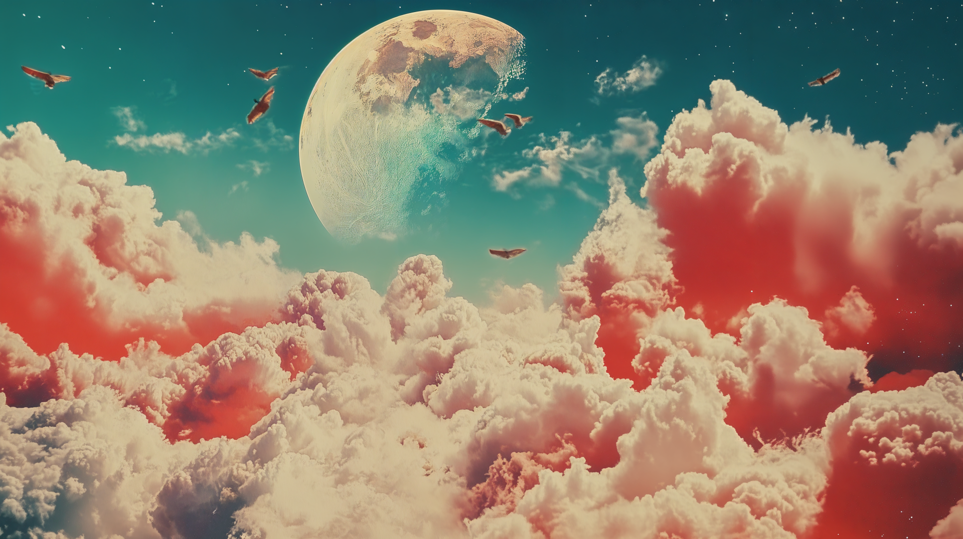 A dreamcore-themed 4K Ultra HD desktop wallpaper featuring a surreal sky with vibrant clouds and a large moon, creating an ethereal and imaginative atmosphere.