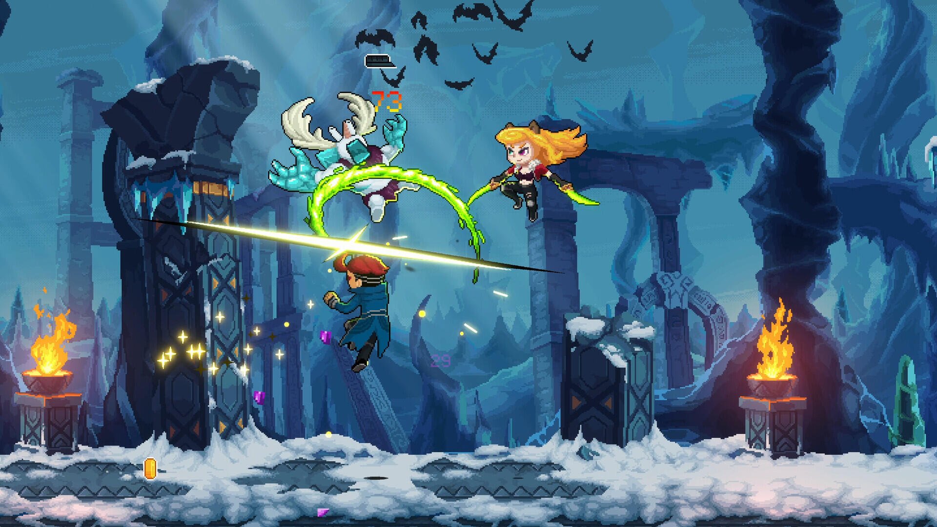 HD desktop wallpaper depicting an action scene from the video game Spirit Mancer, featuring characters engaging in battle amidst a snowy landscape and mysterious ruins.