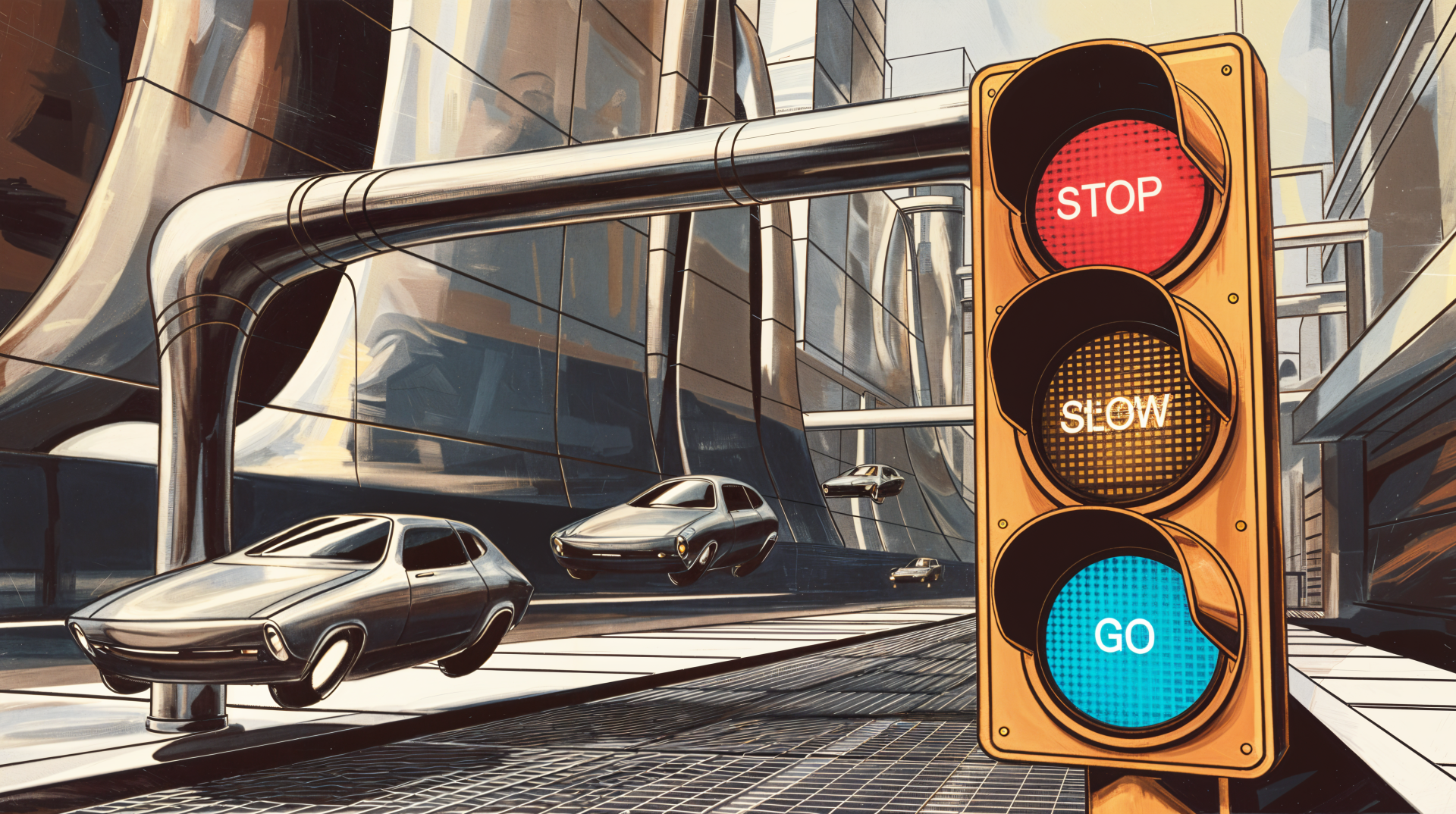 A vibrant traffic light displaying red, yellow, and green signals, set against a futuristic cityscape with flying cars, captured in stunning 4K Ultra HD detail for a desktop wallpaper.