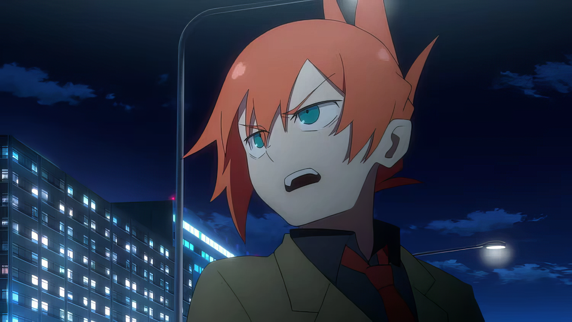 A striking anime wallpaper featuring a character with mechanical arms, set against a night cityscape illuminated by bright lights, showcasing vibrant colors and intense expression.