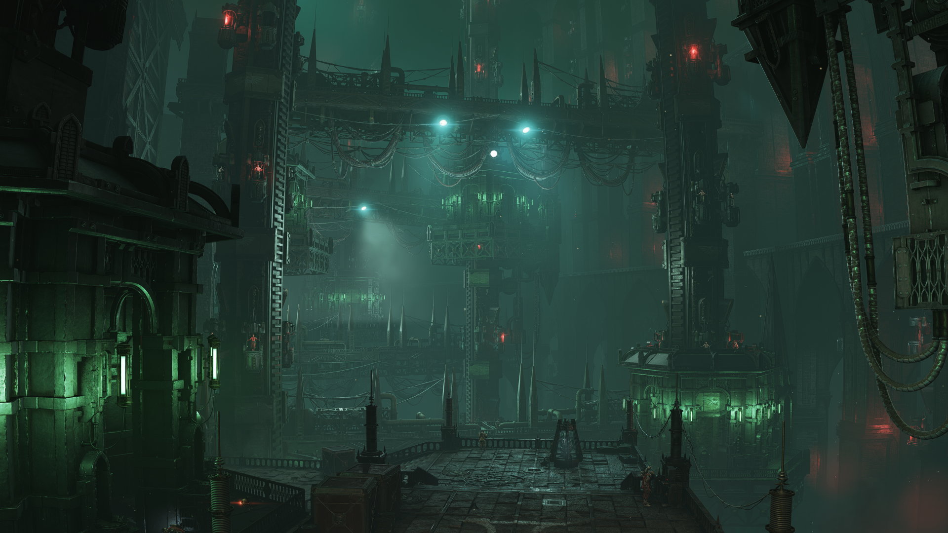 A dark and atmospheric 4K Ultra HD wallpaper inspired by Warhammer 40K: Space Marine 2, showcasing a cyberpunk environment with eerie green lights and industrial structures.