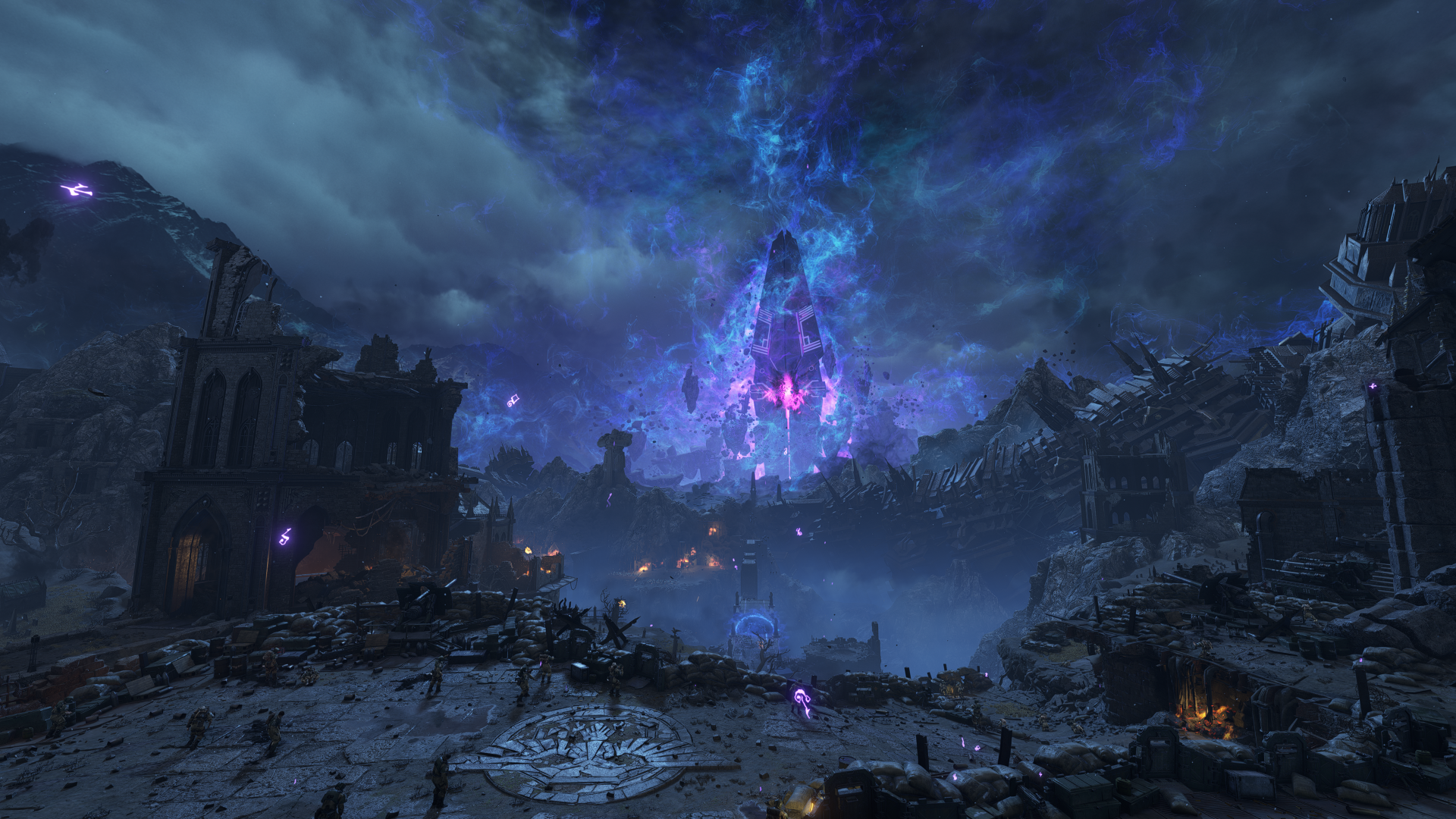 A stunning 4K Ultra HD wallpaper from Warhammer 40K: Space Marine 2, featuring a dramatic landscape illuminated by ethereal blue and purple skies, set in a war-torn environment.