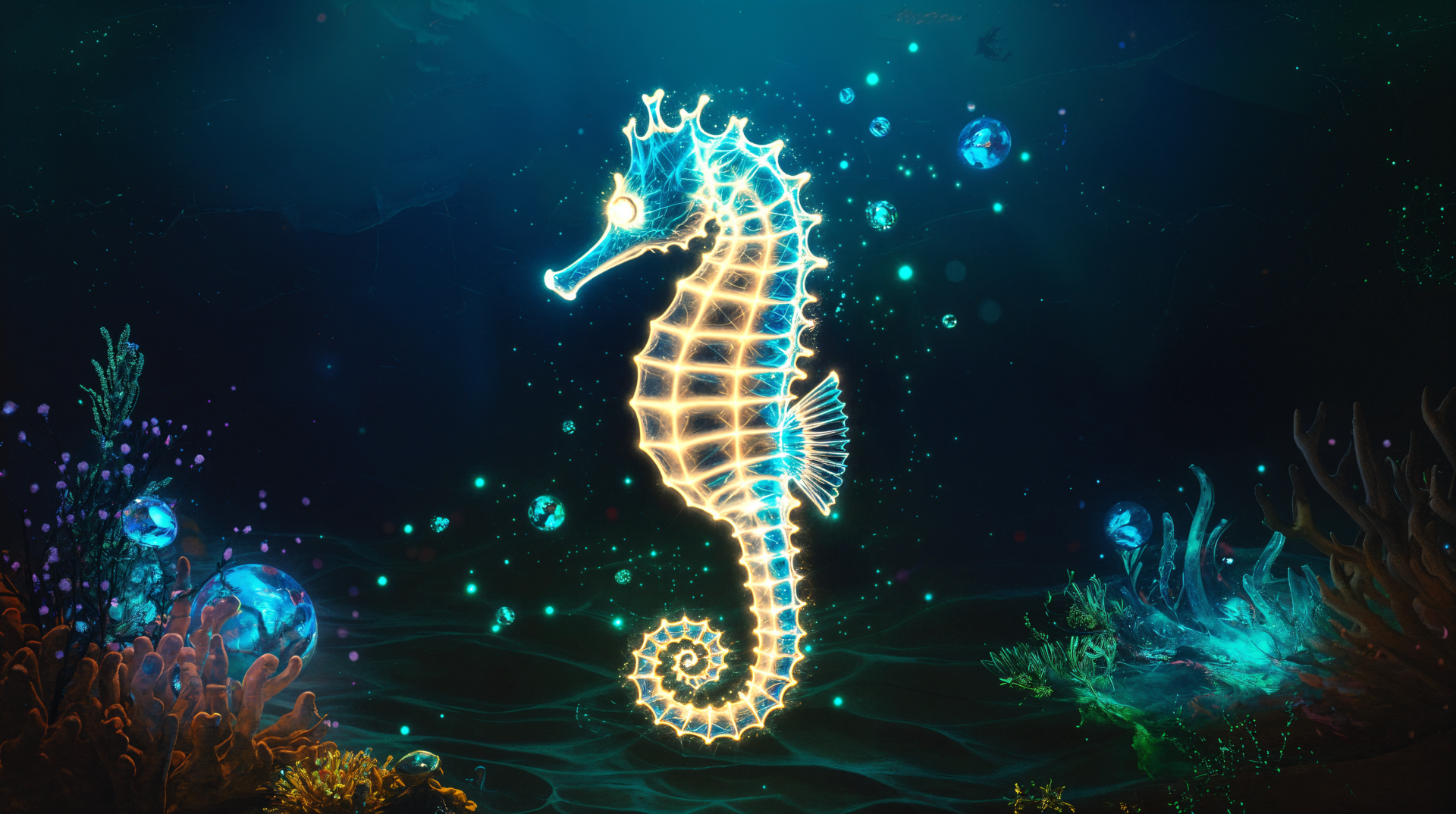 A beautifully illuminated seahorse surrounded by sparkling bubbles and vibrant underwater scenery, captured in stunning 4K Ultra HD.