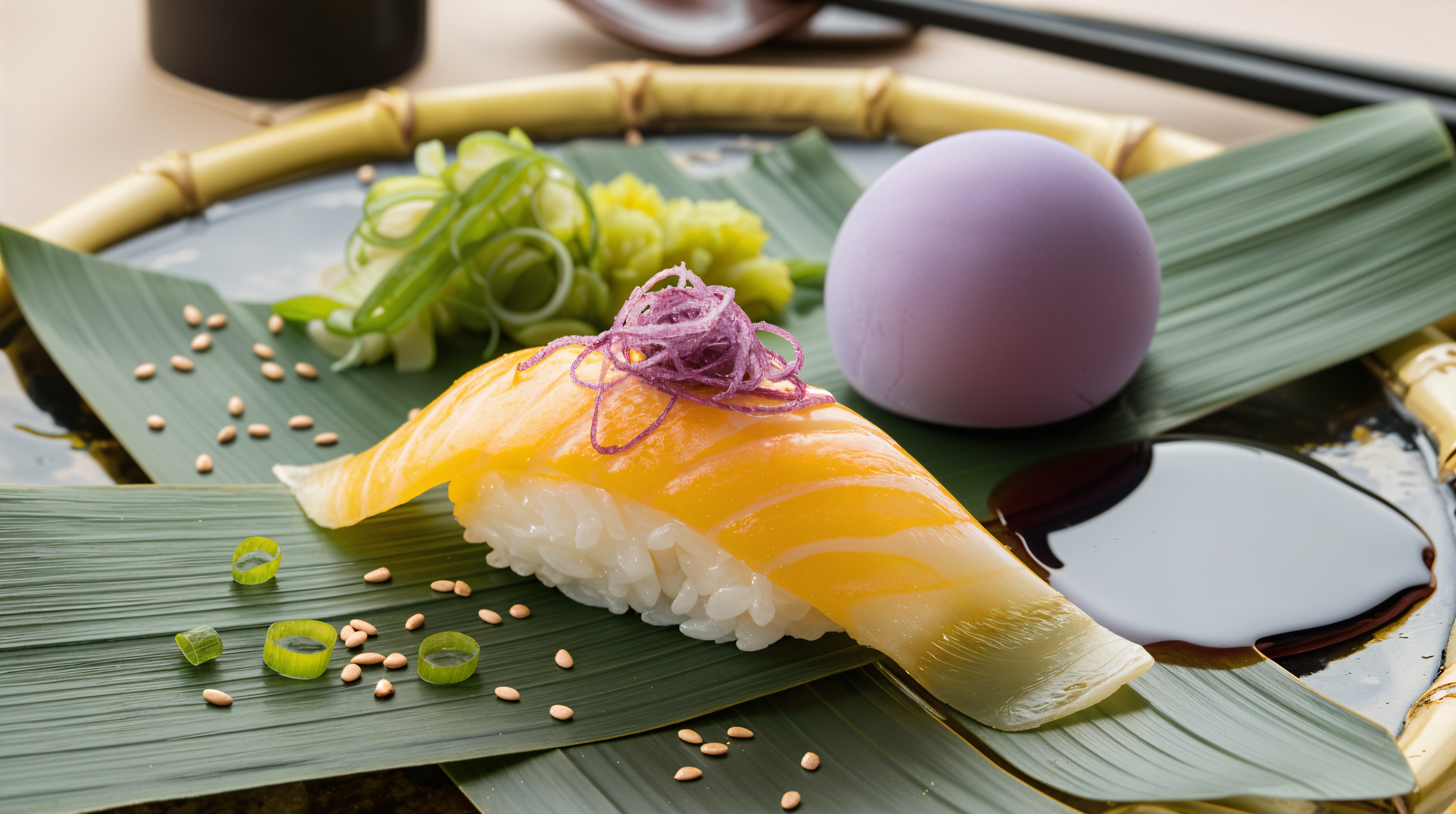 A beautifully presented piece of sushi, topped with purple onion, alongside fresh green garnishes and a lavender egg, showcased in a vibrant 4K Ultra HD desktop wallpaper.