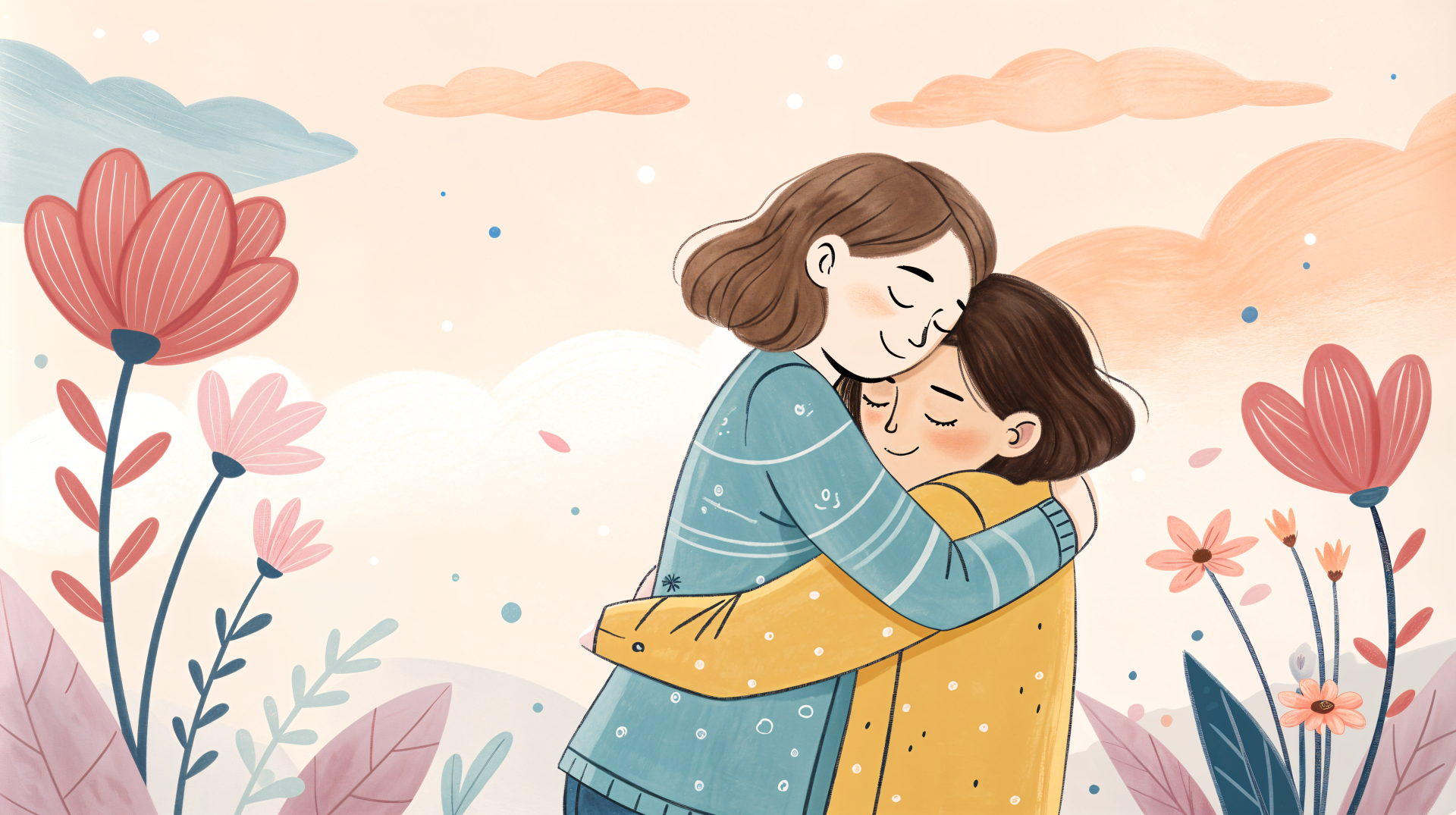 A charming illustration of two friends embracing, surrounded by colorful flowers and a soft, pastel sky, serving as a warm 4K Ultra HD wallpaper and background.