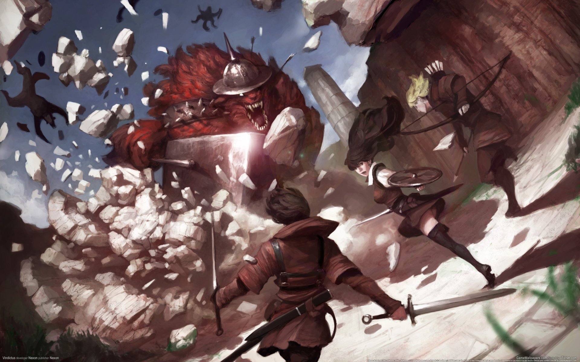 Vindictus video game 2K Quad HD PC desktop wallpaper: three warriors battle a massive armored monster as rubble and crows scatter.