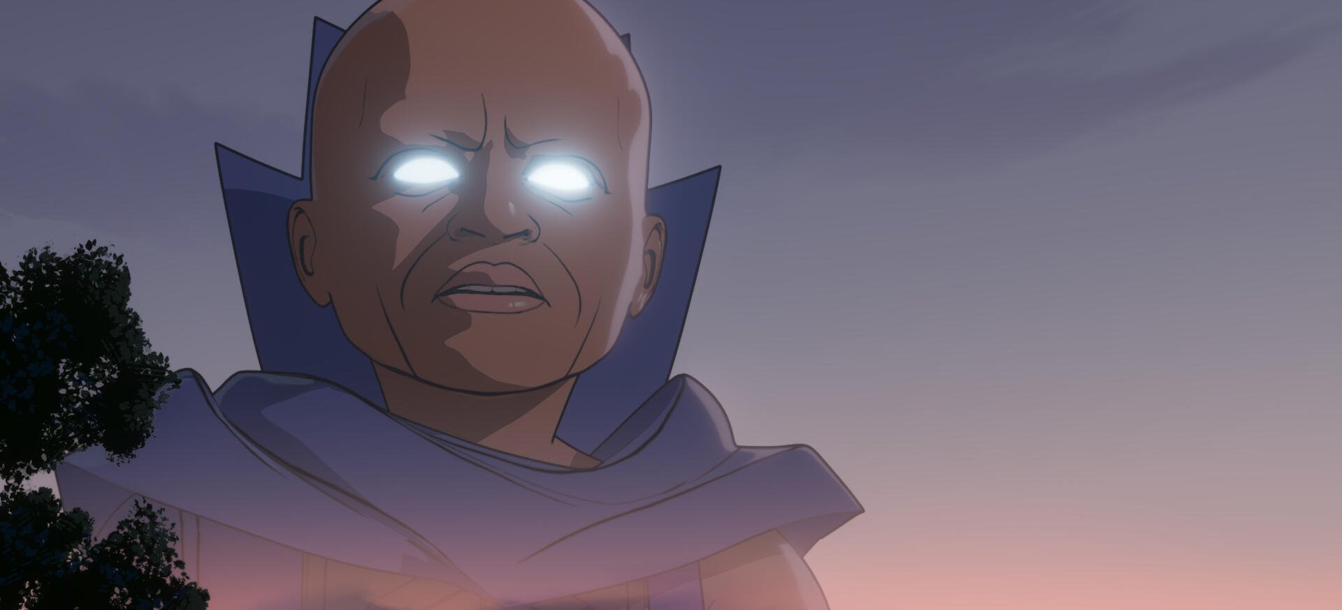 A striking HD wallpaper featuring a character with glowing eyes from the TV show What If.... set against a dramatic sunset background.
