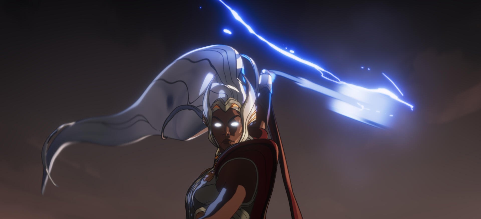 A striking HD desktop wallpaper featuring a character from the TV show What If.... wielding a weapon with dramatic lightning effects against a dark backdrop.