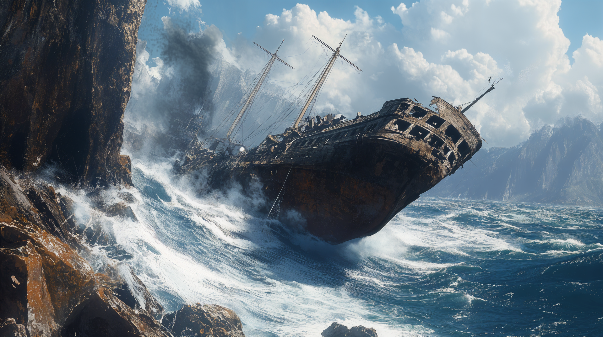 A dramatic shipwreck scene featuring a partially submerged vessel battling crashing waves, set against a backdrop of stormy clouds, presented as a stunning 4K Ultra HD wallpaper.