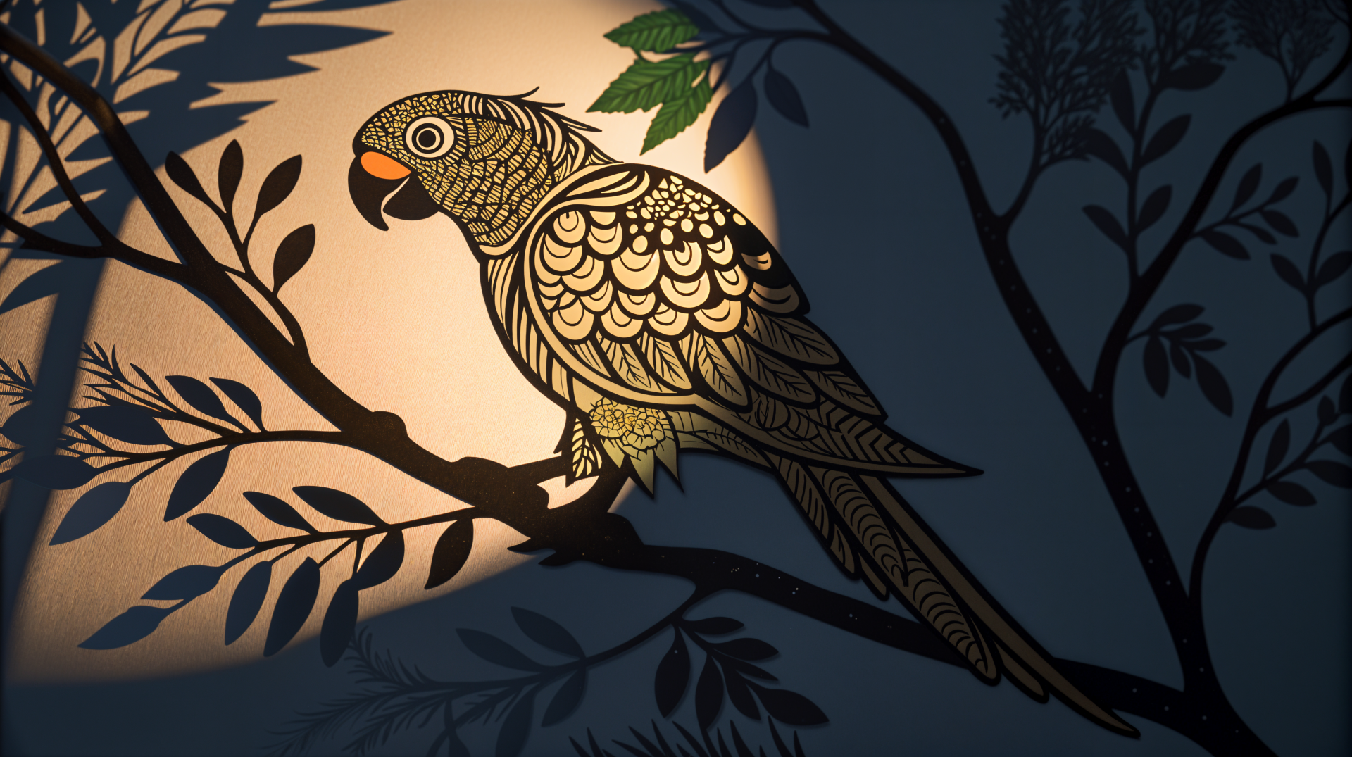 A beautifully illustrated parakeet perched on a branch, surrounded by leaves, showcased in a striking 4K Ultra HD desktop wallpaper, highlighting its vibrant colors and intricate details.