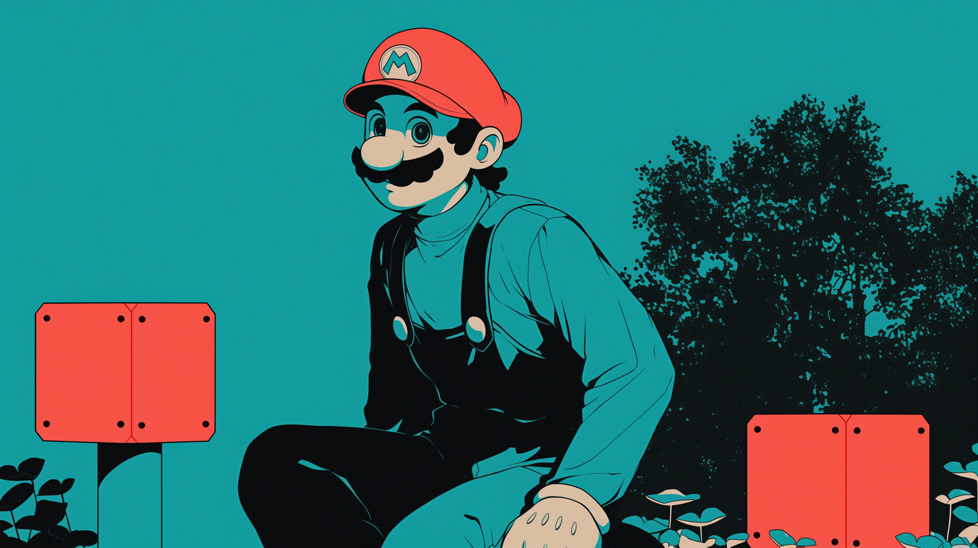 A vibrant HD wallpaper featuring Mario from Super Mario Bros, depicted in a stylized design with bold colors, set against a simple background of greenery and gaming elements.