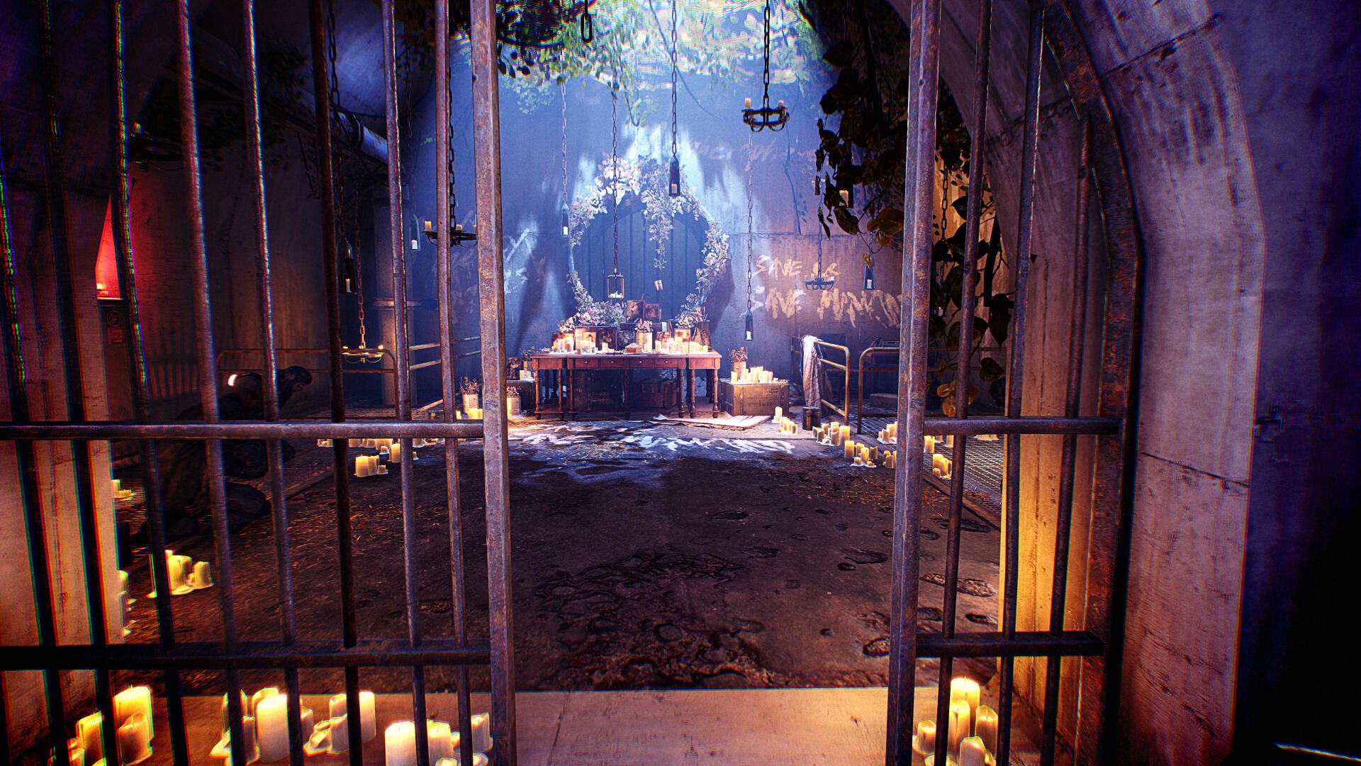 A captivating 4K Ultra HD wallpaper from the video game Stellar Blade, featuring an atmospheric scene with an eerie, candlelit room framed by iron bars and overgrown foliage.