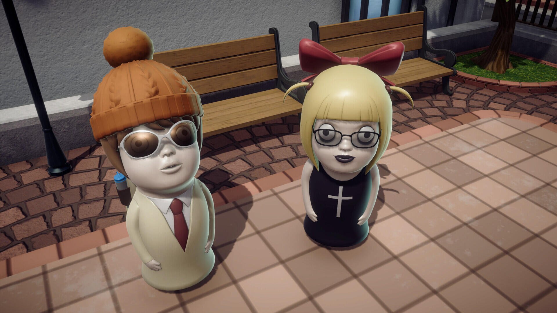 Two stylized characters from the video game Death Note: Killer Within stand on a cobblestone path, surrounded by benches and greenery, in this HD PC desktop wallpaper.