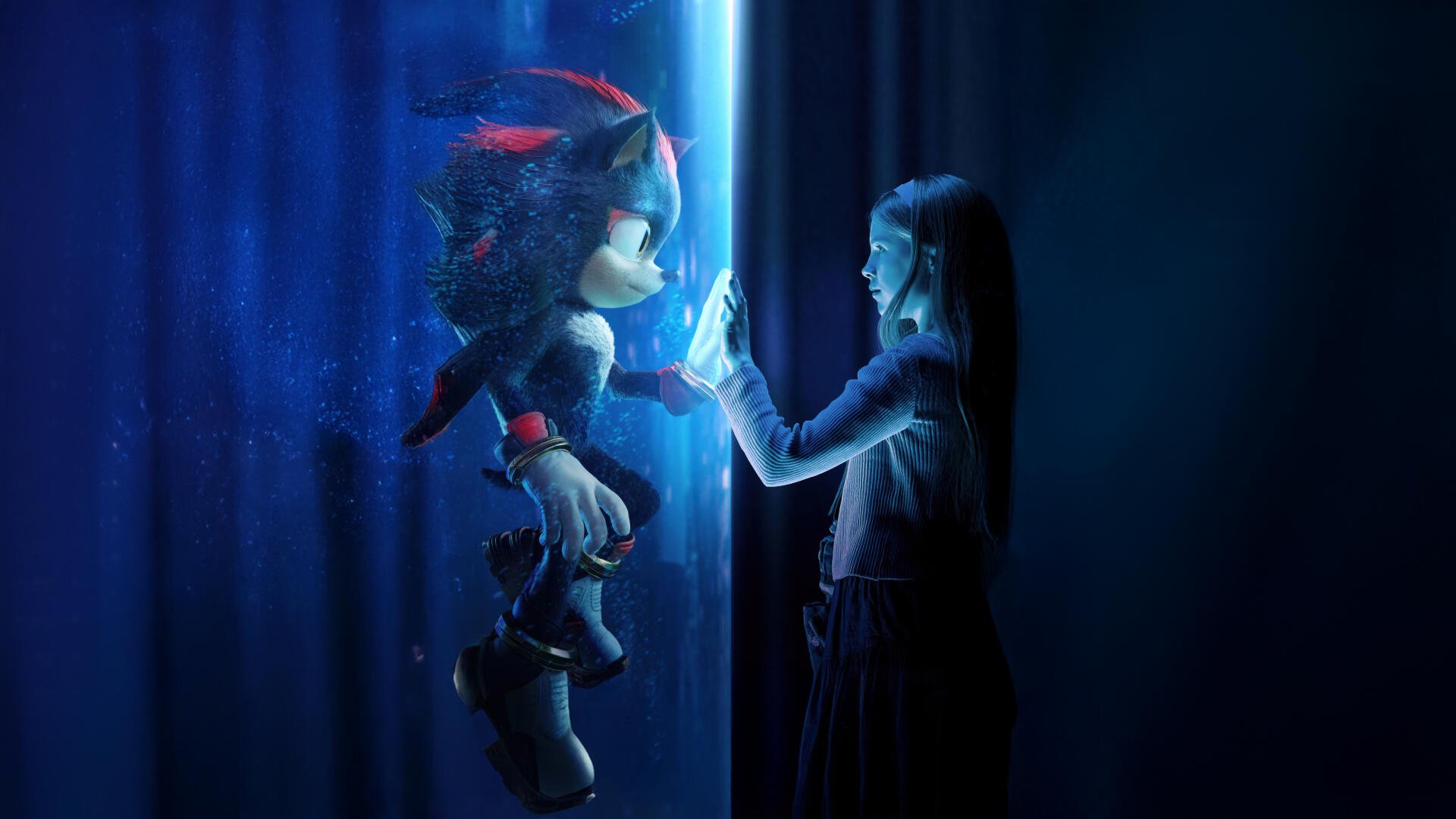 4K Ultra HD PC wallpaper featuring a vivid scene from Sonic the Hedgehog 3, showing a glowing interaction between Sonic and a mysterious character in a dark, blue-lit environment.