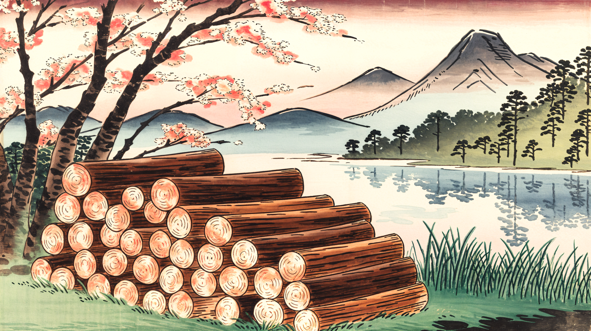 4K Ultra HD landscape wallpaper featuring stacked firewood logs by a lakeside with blooming cherry blossom trees and towering mountains in the background.